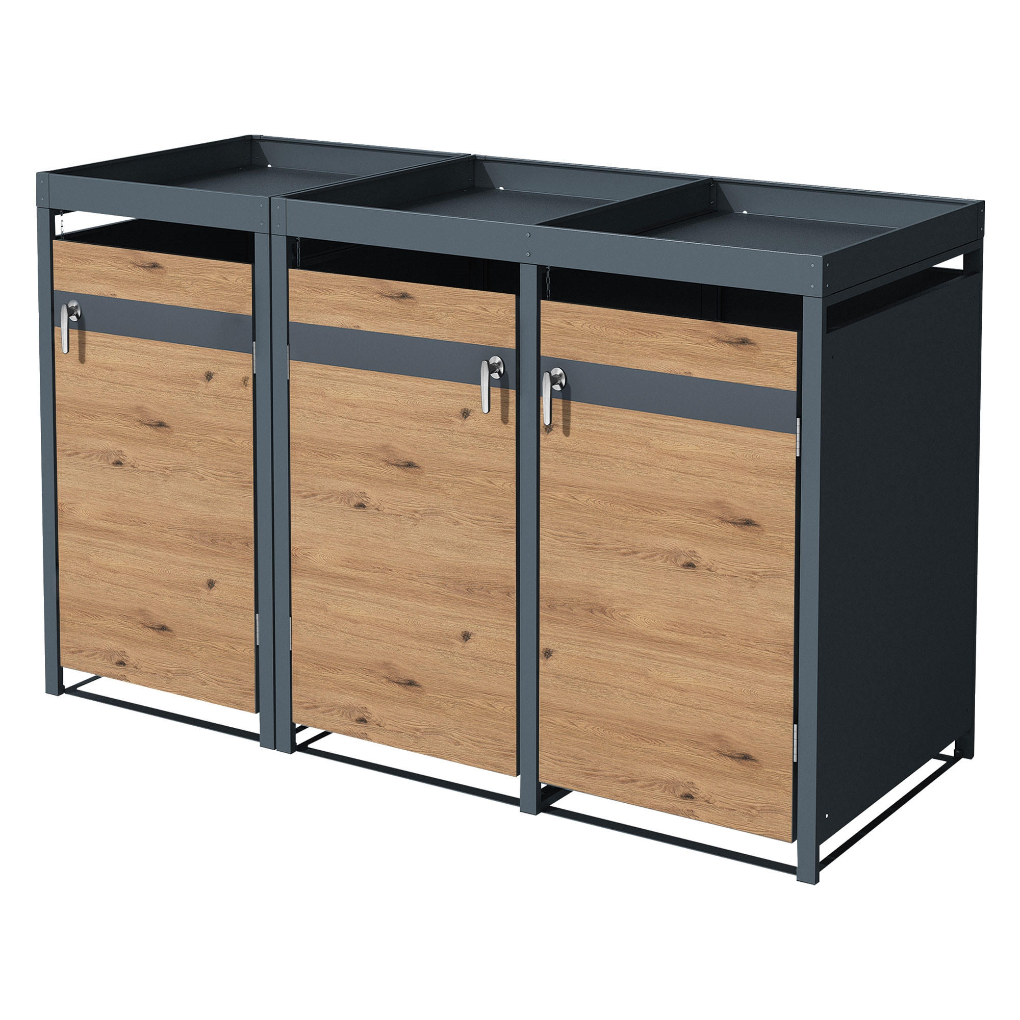 MÜLLTONNENBOX 3er mit Pflanzdach Anthrazit-Eichenoptik - Braun, Metall (80/124/200cm) - ML-DESIGN