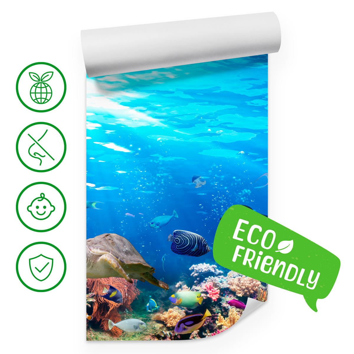 FOTOTAPETE für Badezimmer Korallenriff Schildkröte Hai Fisch 200x140 - Blau/Gelb, Papier (200/140cm) - Muralo