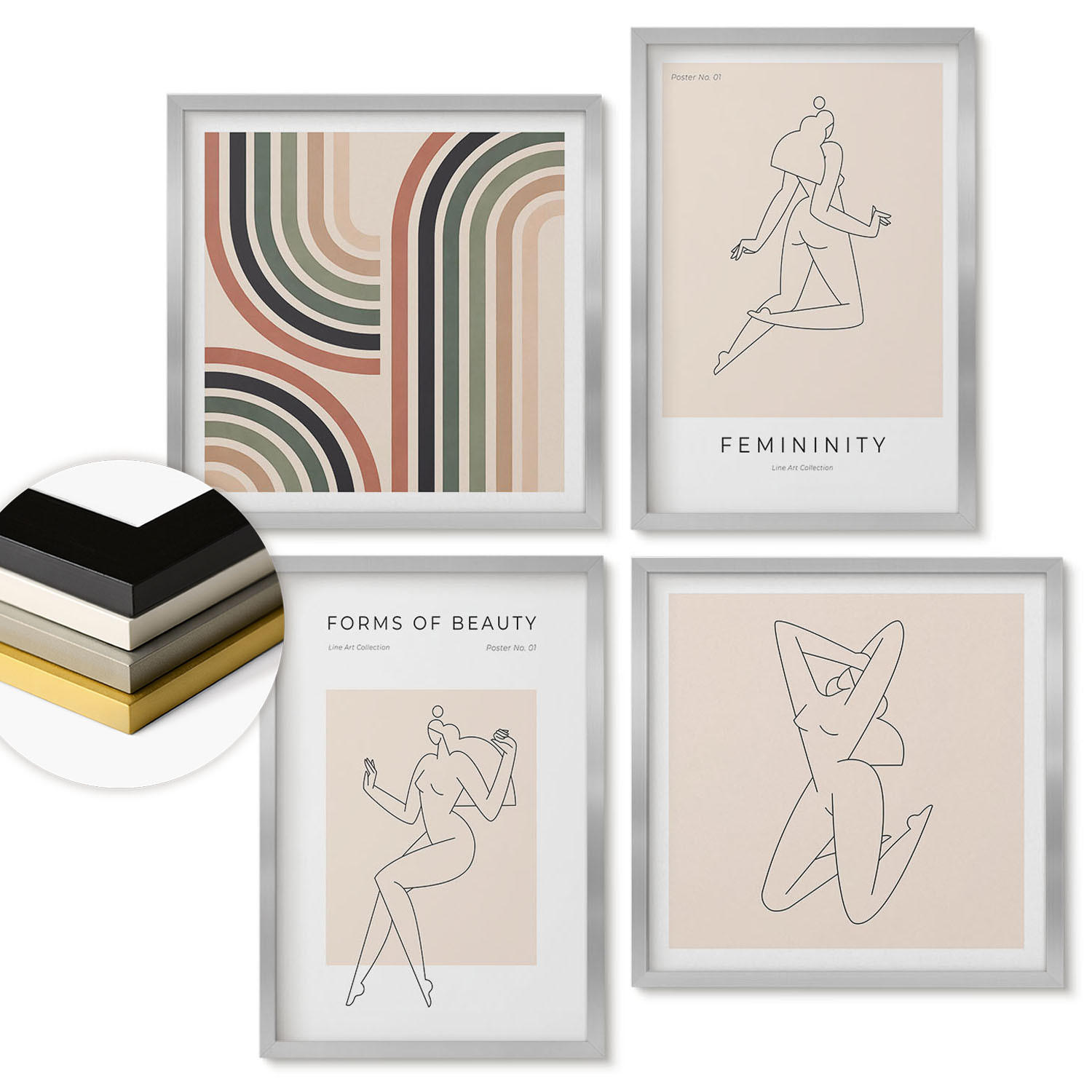 WANDBILDER 4er Set - 50x50 cm & 40x60 cm Silberner Rahmen - Weibliche Silhouetten auf Plakaten - Silberfarben, Kunststoff (50/50cm) - ArtPrintCave