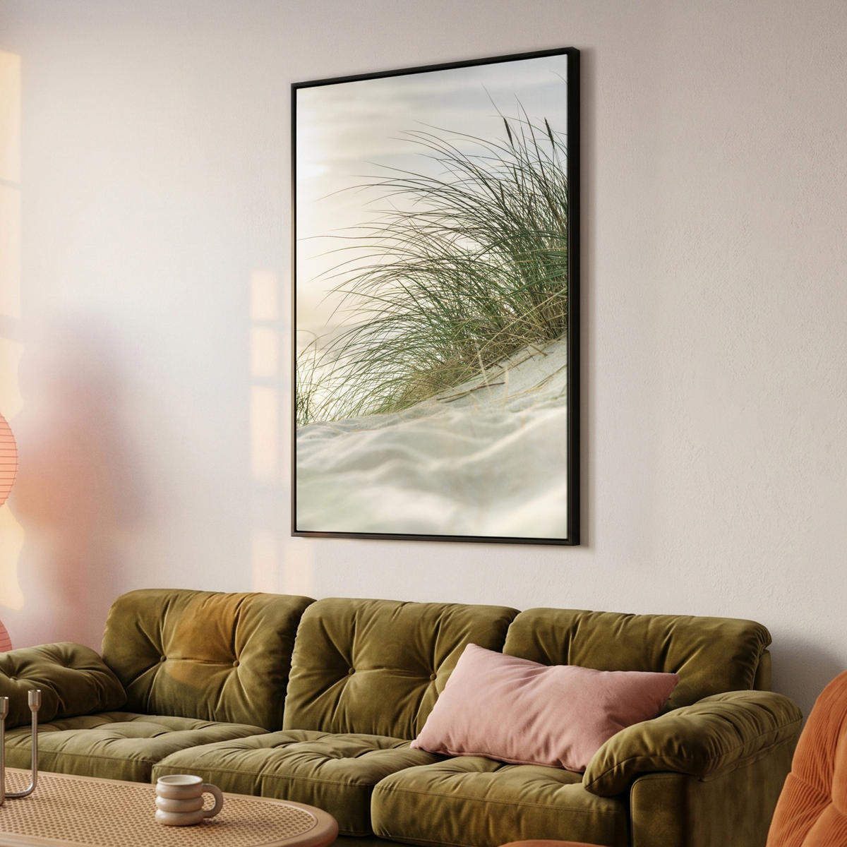 LEINWAND Bilder mit Rahmen - Dünen mit Strandhafer in der Sonne des Nationalparks Schleswig-Holsteinisches Wattenmeer - 100x150 - Creme, Textil (100/150cm) - MuchoWow