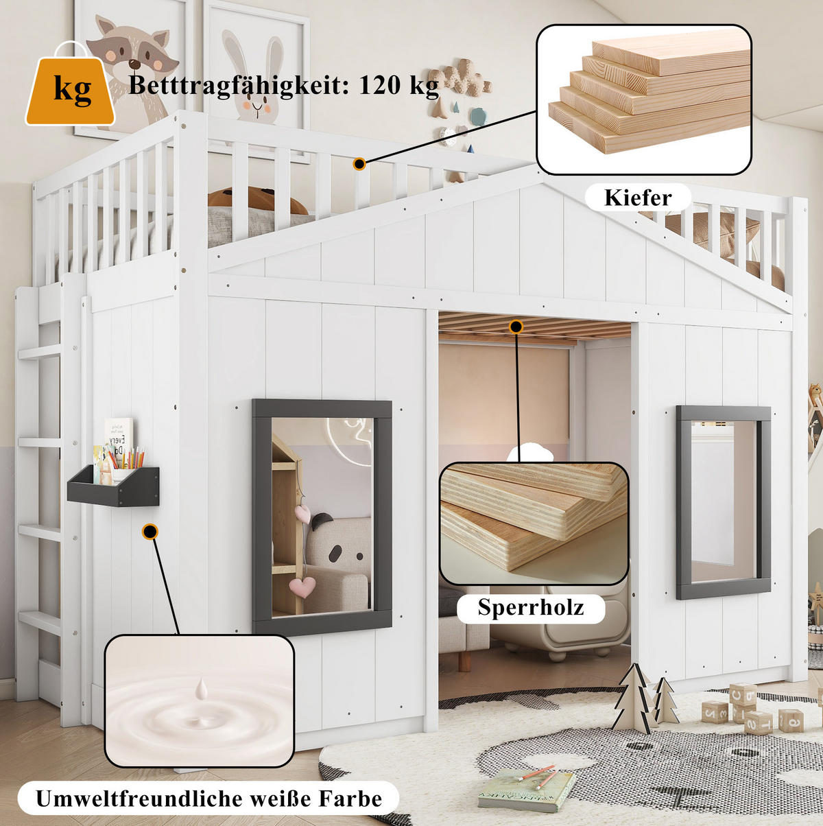 HOCHBETT 90/200 cm mit Treppe und Fallschutz in Weiß/Grau - Weiß, Holzwerkstoff (90/200cm) - BEAOK