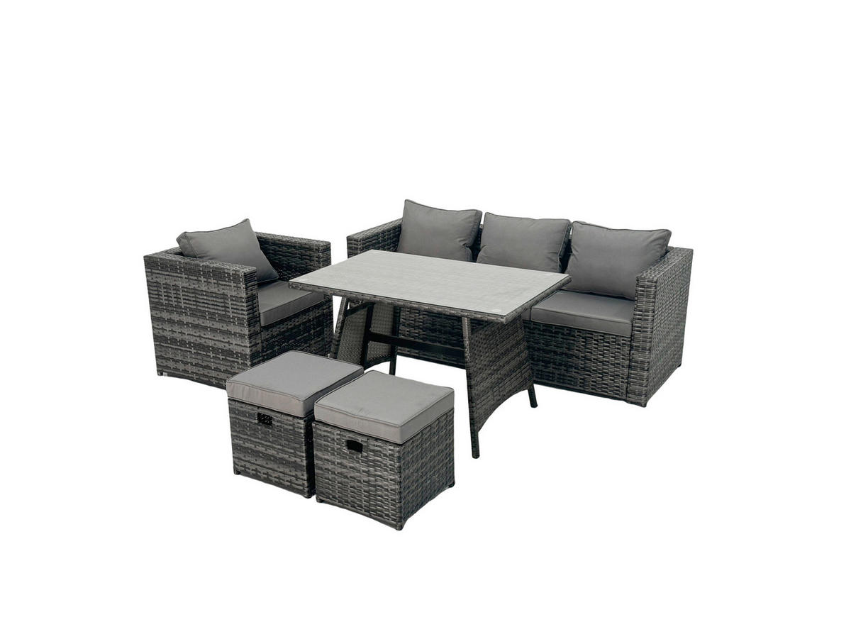 GARTENMÖBELSET mit Hocker 6-Sitzer Grau - Dunkelgrau/Grau, Glas/Kunststoff - Fimous