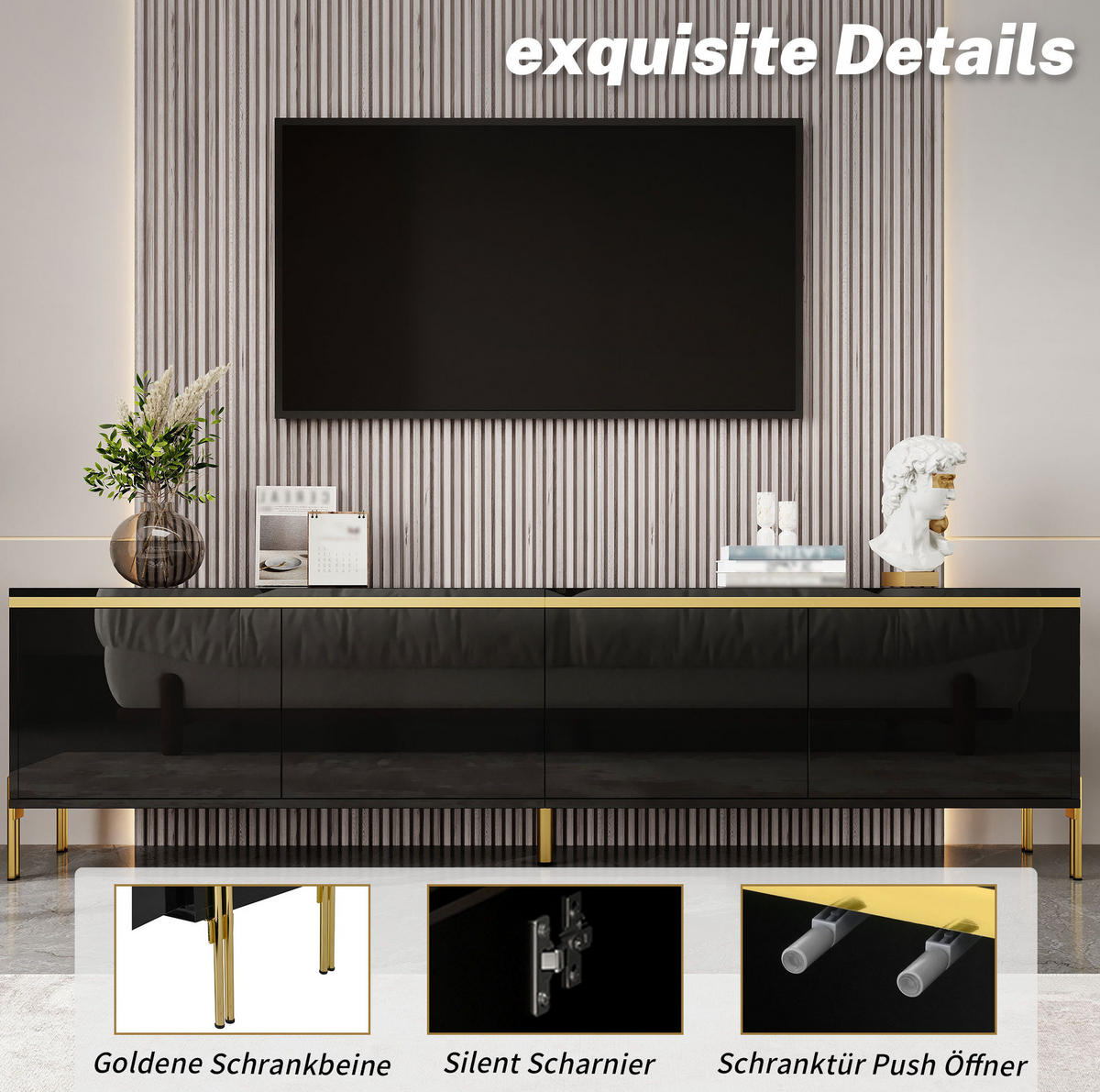 TV stolek 170/38/50 cm s úložným prostorem, kabelovými průchodkami a vysokým leskem, Černá - černá, kompozitní dřevo (170/50/38cm) - Redom