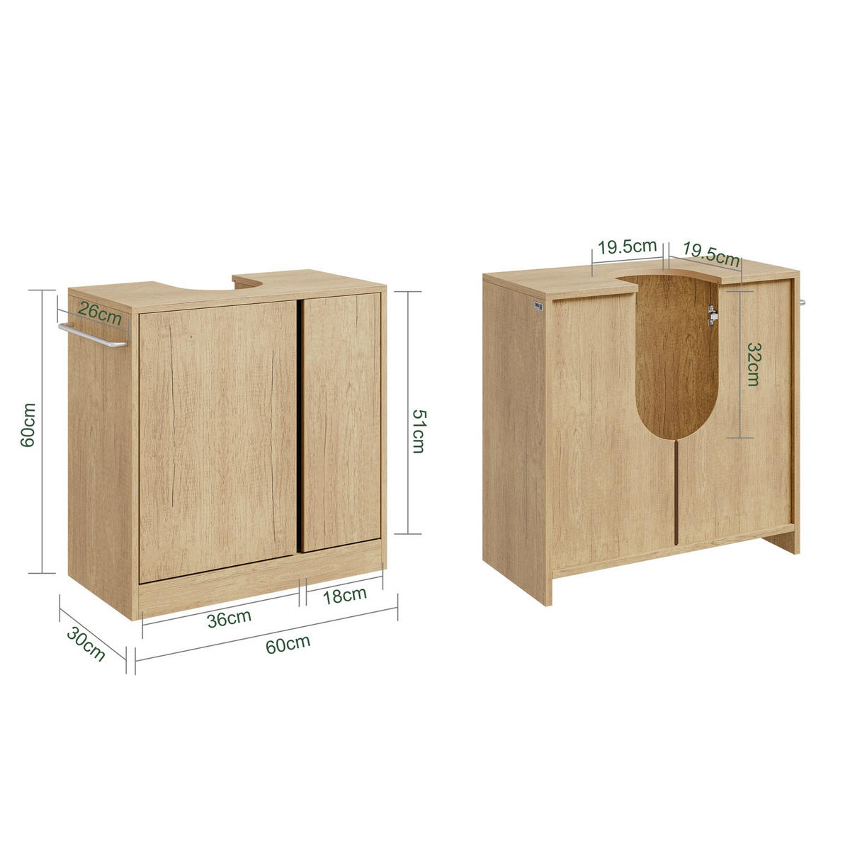 WASCHBECKENUNTERSCHRANK mit zwei Türen und Handtuchhalter BZR235-N - Eichefarben/Ahornfarben, Holzwerkstoff/Fell (30/60/60cm) - SoBuy