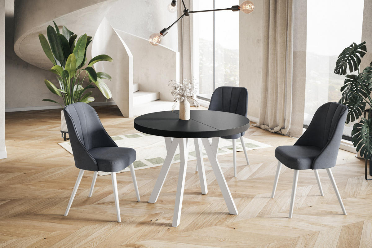 ESSZIMMERTISCH OVO, ausziehbarer Tisch 80 cm bis 130 cm, Farbe: Schwarz, mit Holzbeinen in Farbe Weiß - Schwarz/Weiß, Holzwerkstoff (80/80/77cm) - Alpi-Möbel
