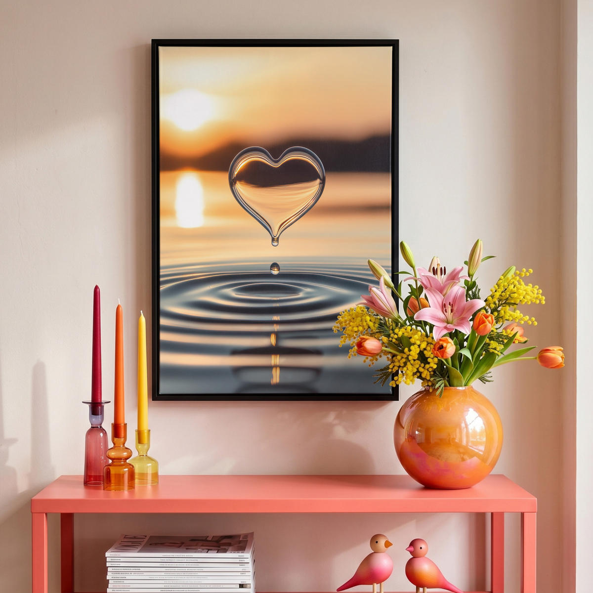 LEINWAND Bilder mit Rahmen - Herz - Wasser - Sonnenuntergang - Natur - Zen - 40x60 - Bernsteinfarben, Textil (40/60cm) - MuchoWow