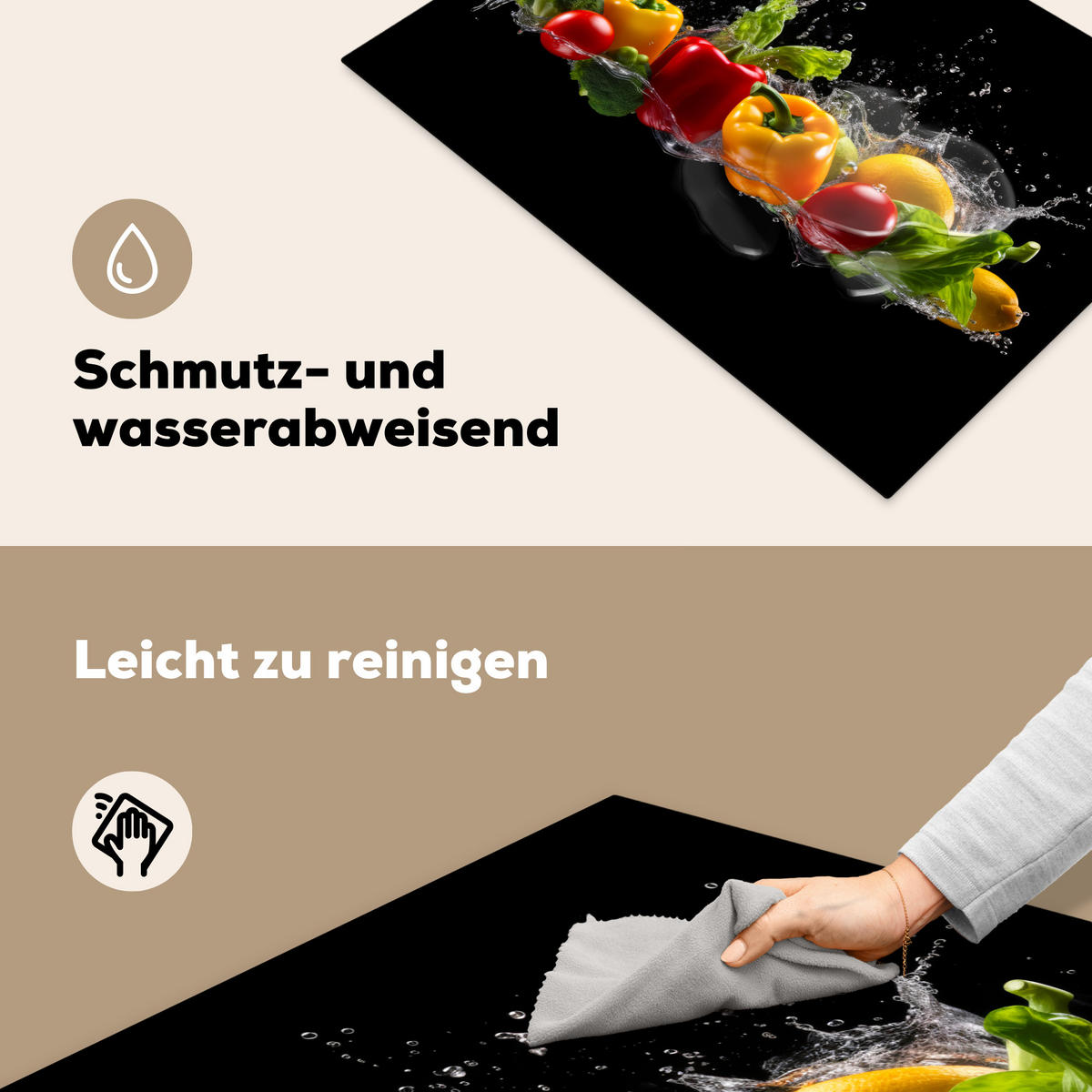 HERDABDECKPLATTE Paprika - Wasser - Gemüse - Schwarz Herdabdeckung Induktionsfeld 75x52 cm - Multicolor, Kunststoff (75/52/0.2cm) - MuchoWow