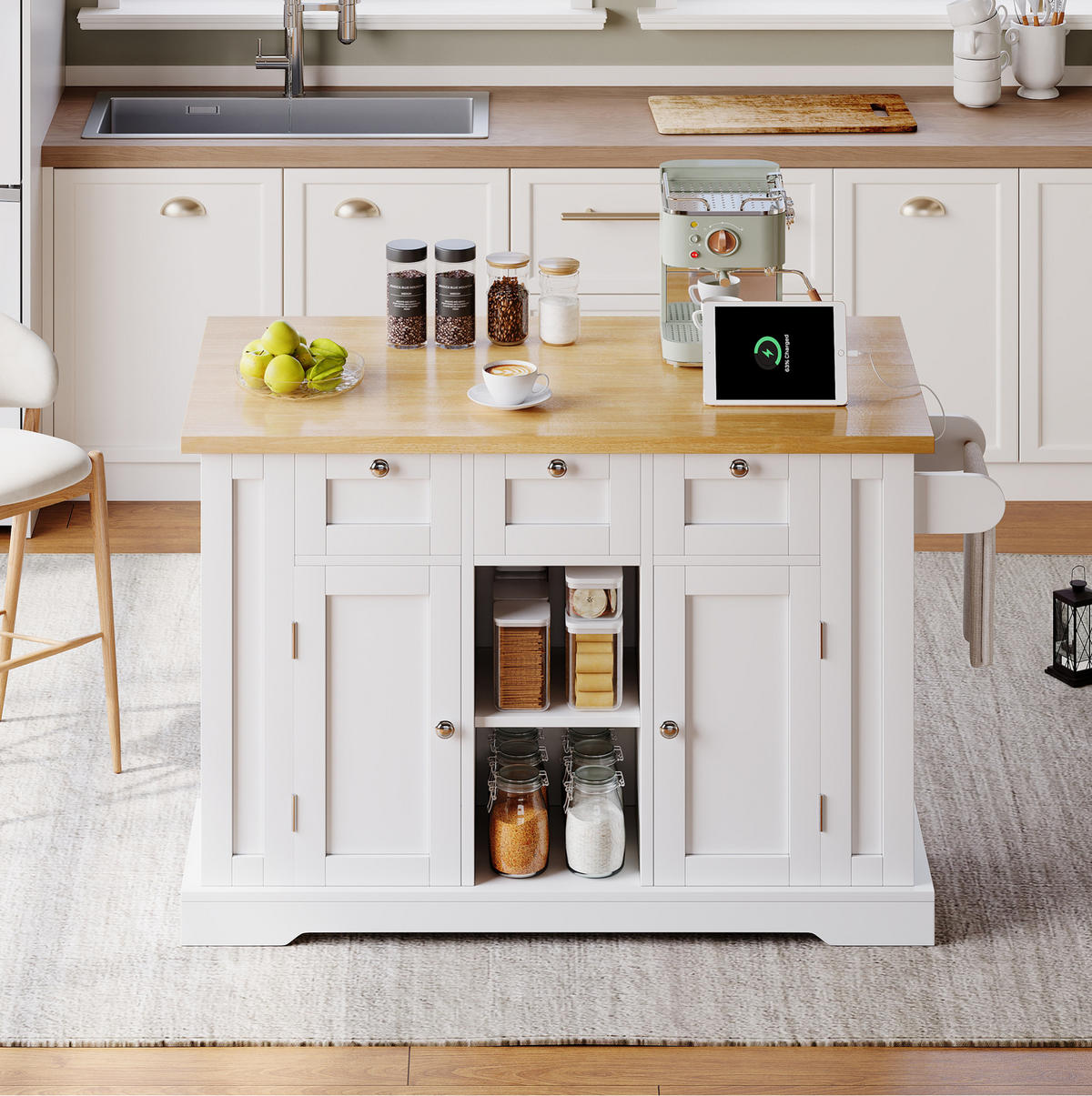 KÜCHENINSELWAGEN mit ausziehbarer Arbeitsplatte 132 cm White/Natural - Weiß, Holz (70/87/132cm) - Beauniv