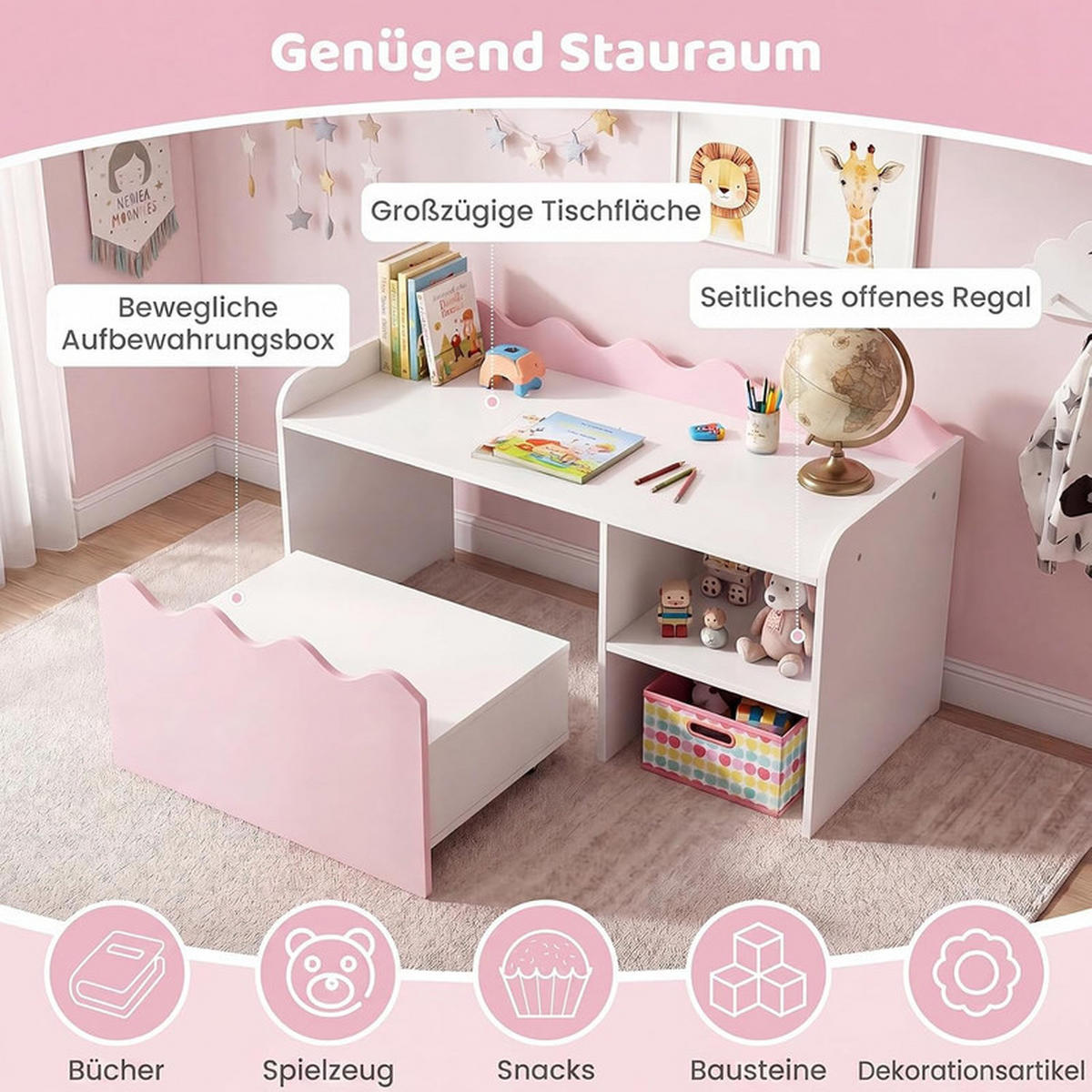 KINDERTISCH mit Rollen rosa(2-tlg) - Pink, Holzwerkstoff (89.5/45/40cm) - COSTWAY