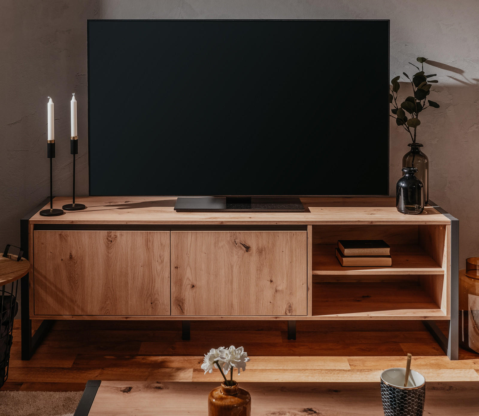 TV-LOWBOARD Eiche Artisan, grau 160 cm, TV-Unterteil im Industrial Design - Anthrazit/Eiche Artisan, Holzwerkstoff (160/55/40cm) - Furn.Design