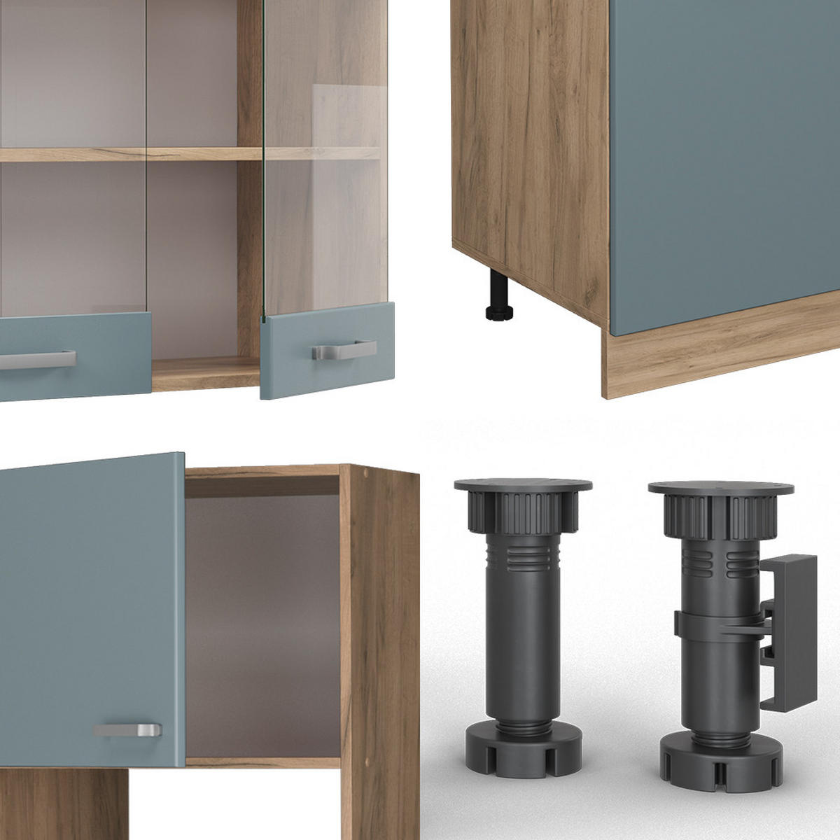 KÜCHENZEILE R-Line Blau-Grau/Goldkraft Eiche 300 cm mit Hochschrank AP Marmor - Eiche Wotan/Blaugrau, Holzwerkstoff (300/81.6/60cm) - Vicco