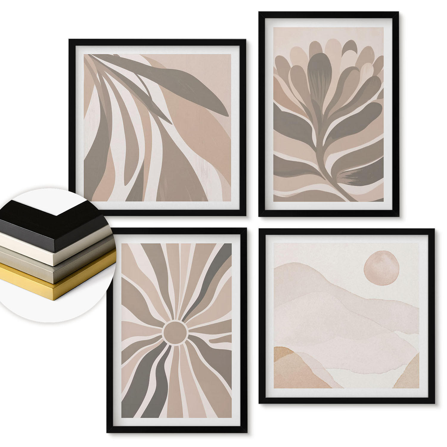 WANDBILDER 4er-Set - 50x50 cm & 40x60 cm Schwarzer Rahmen - Abstrakte Pflanzenmuster - Schwarz, Kunststoff (50/50cm) - ArtPrintCave
