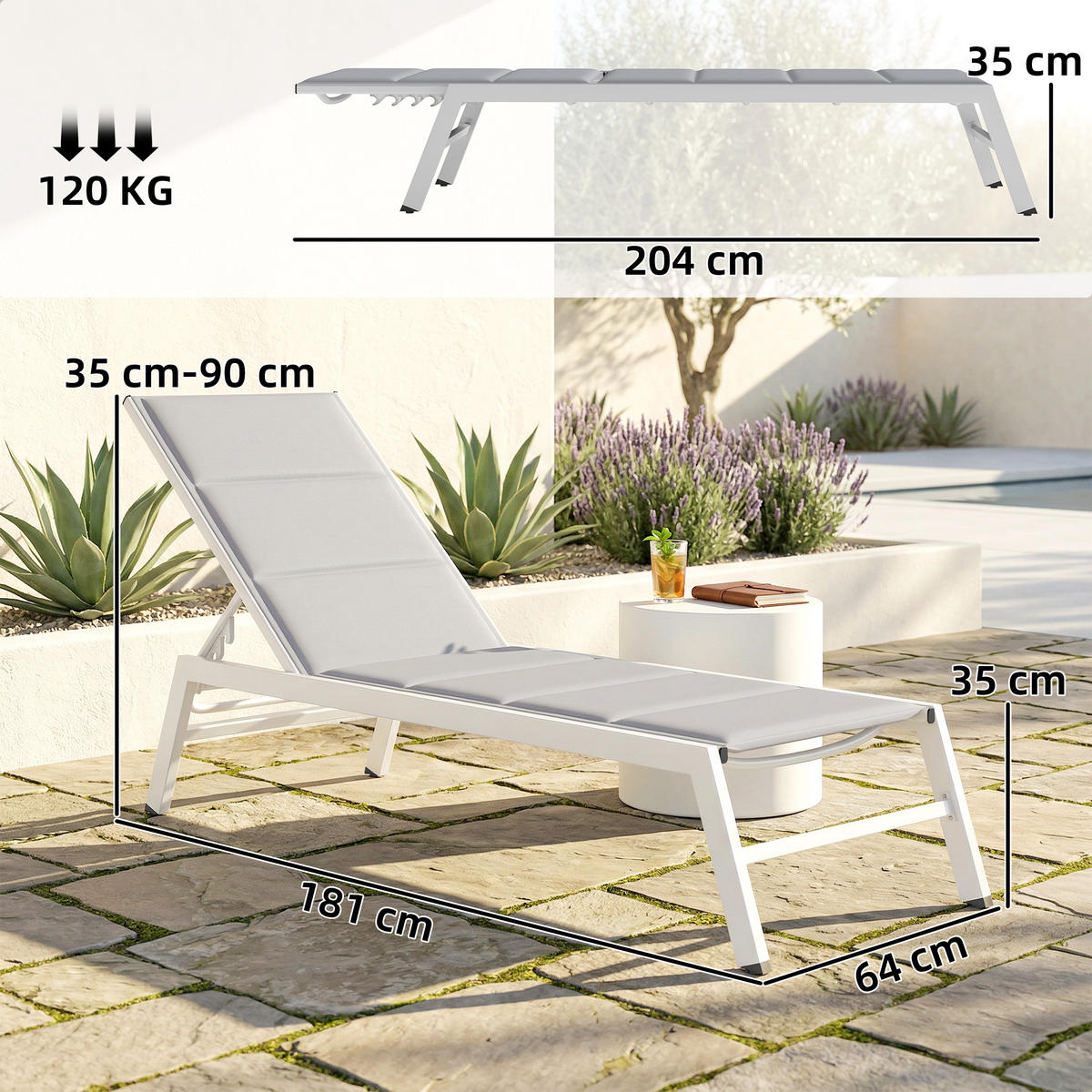 SONNENLIEGE Aluminium Hellgrau - Hellgrau/Weiß, Textil/Metall (64/90/181cm) - Outsunny