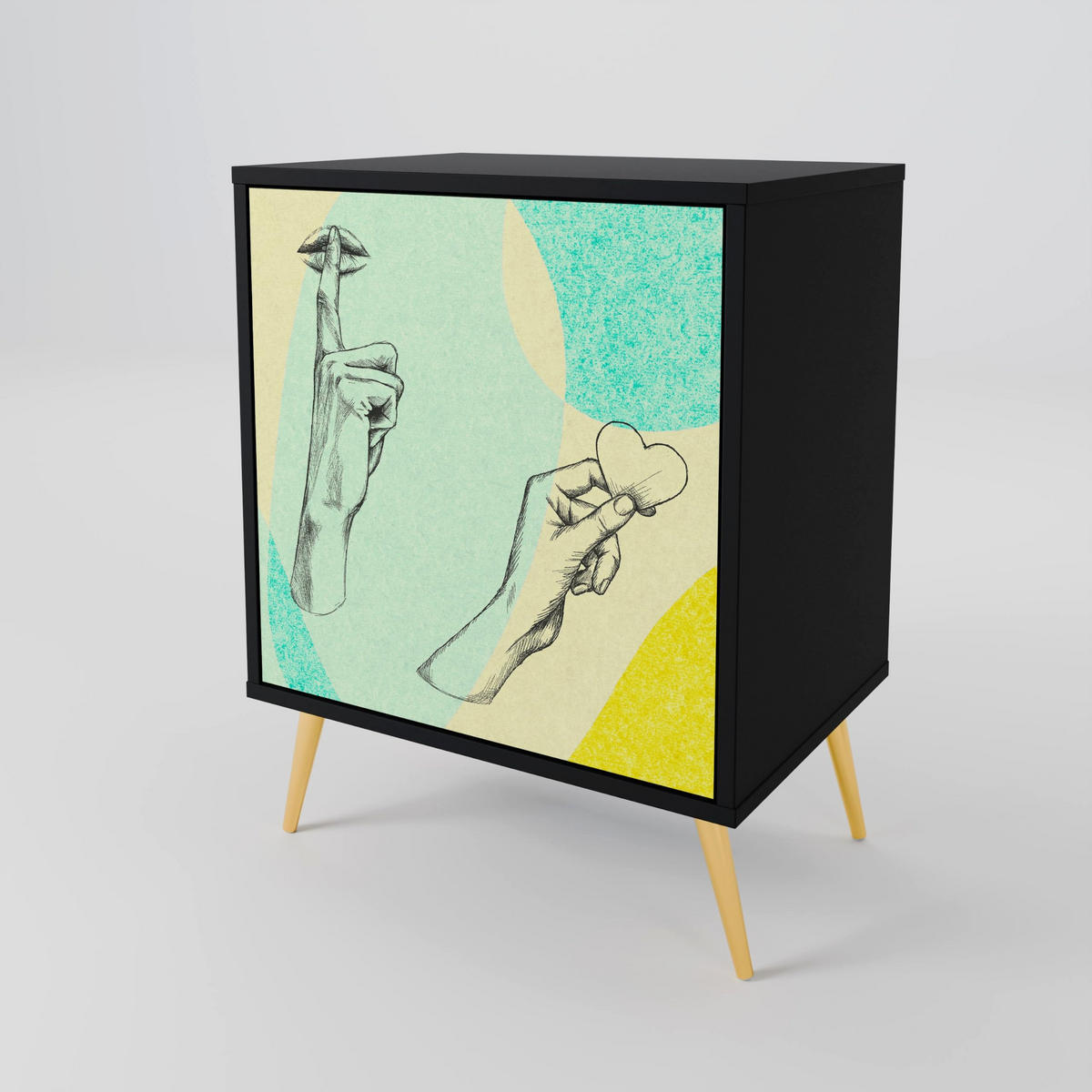 SIDEBOARD BODY LANGUAGE, Schwarz, 57,5x42x72,5 cm, Schwarze Metallfüße - Multicolor/Schwarz, Holzwerkstoff/Metall (57.5/72.5/42cm) - SpaceRebels