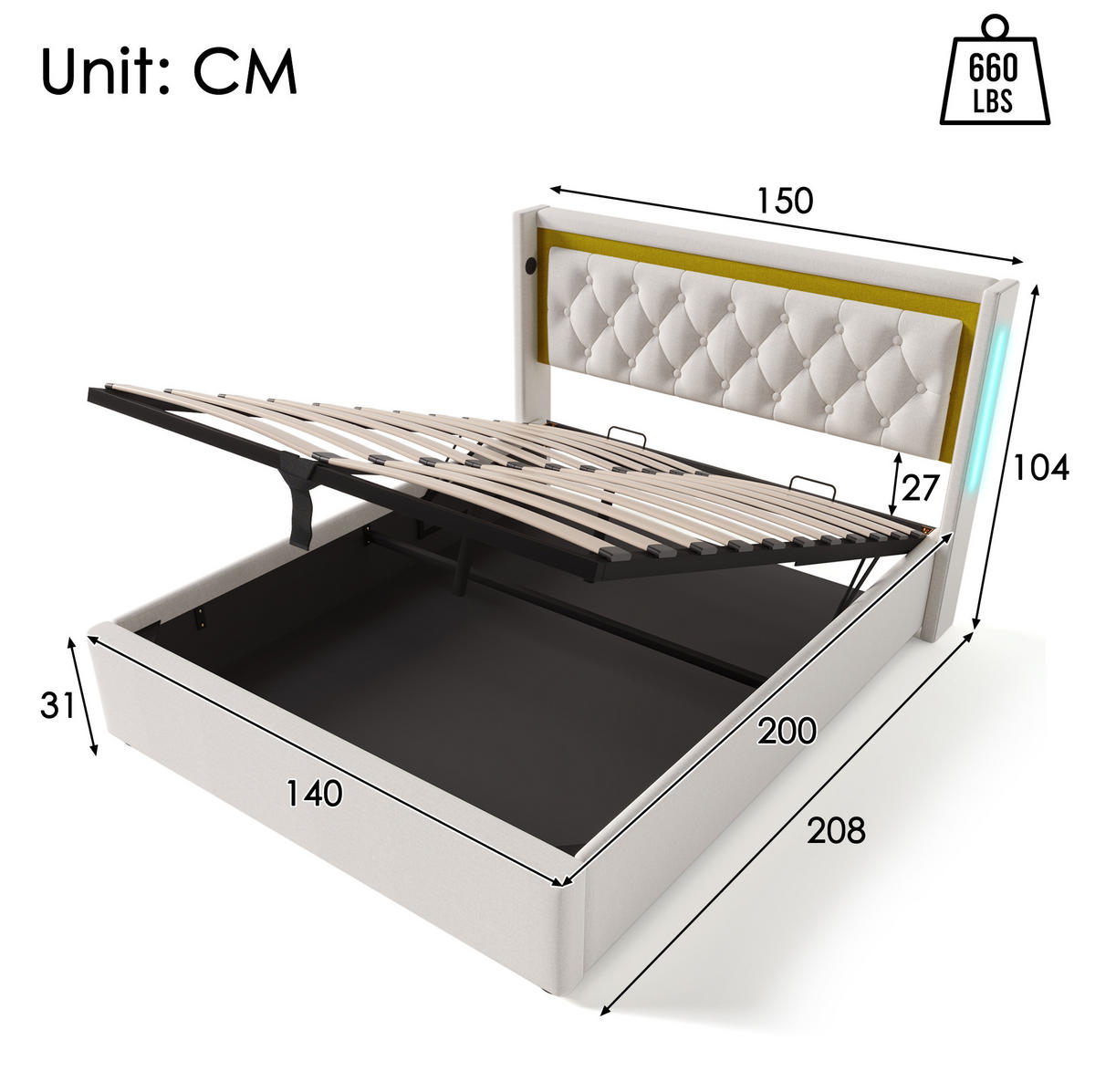 POLSTERBETT 140/200 cm mit LED, Bettkasten (Gasdruck), USB & Typ-C, Lattenrost inklusive,Beige - Beige, Textil (140/200cm) - Redom