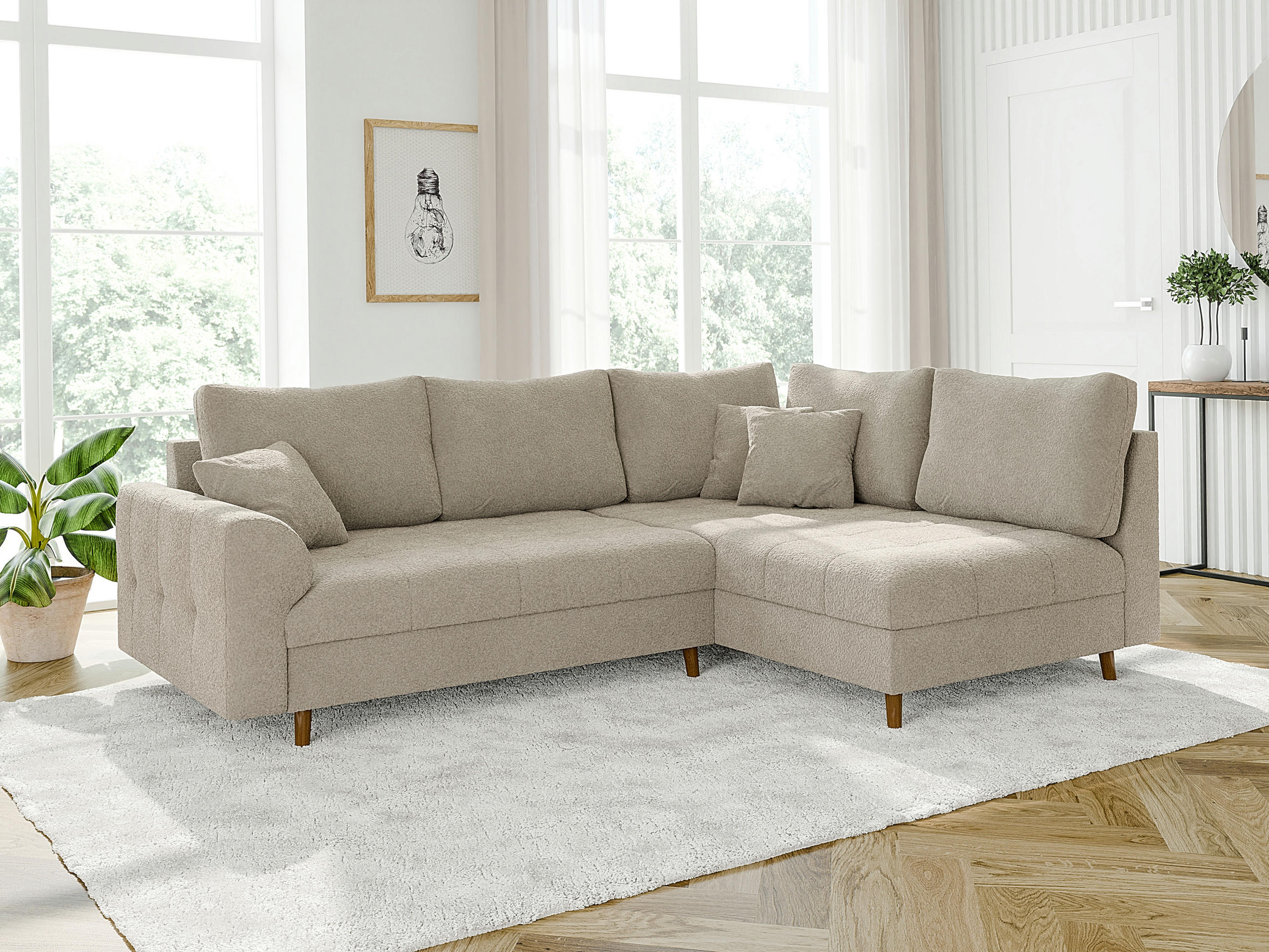 ECKSOFA Henrik Beige Boucle - Ottomane rechts - Beige/Braun, Holz/Textil (231/161cm) - S-Style Möbel
