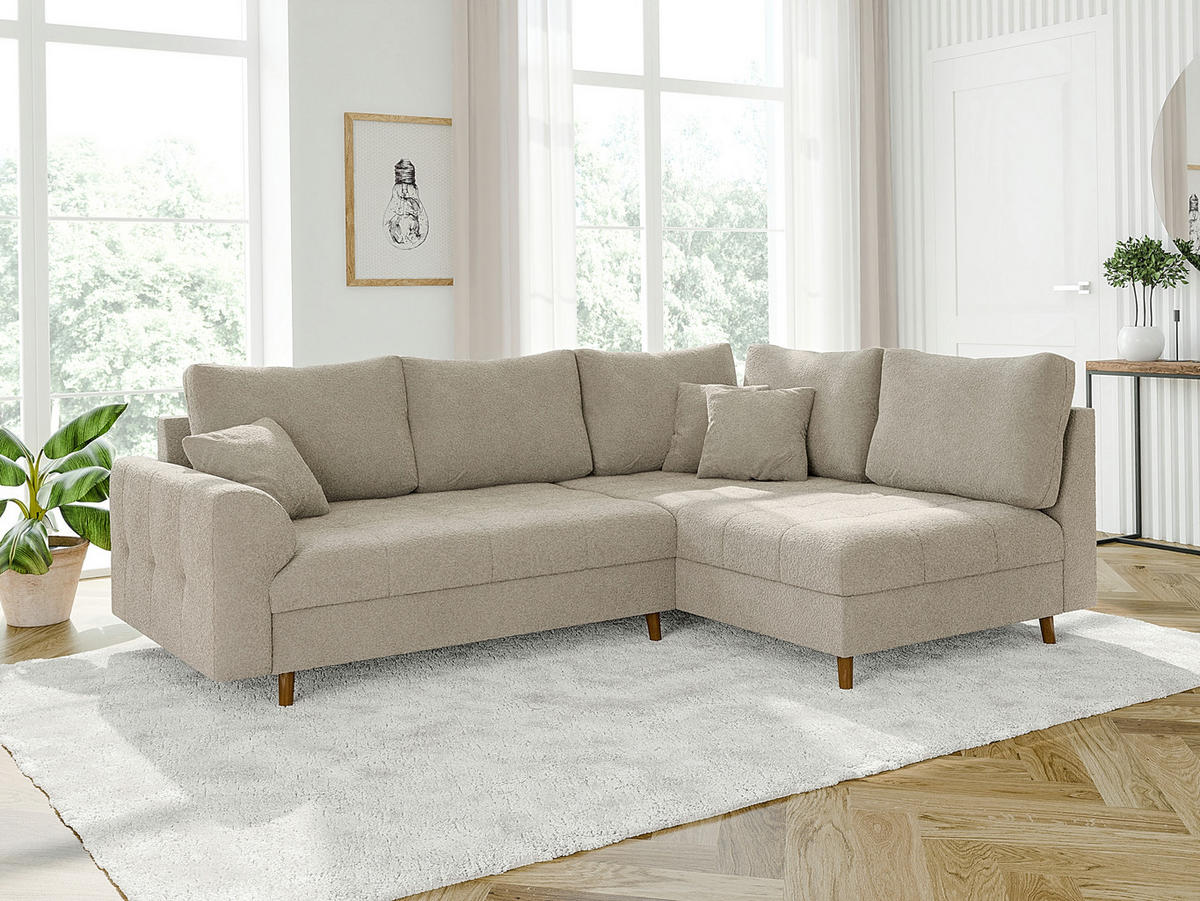 ECKSOFA inkl. Hocker Henrik Beige Boucle - Ottomane rechts - Beige/Braun, Holz/Textil (231/161cm) - S-Style Möbel