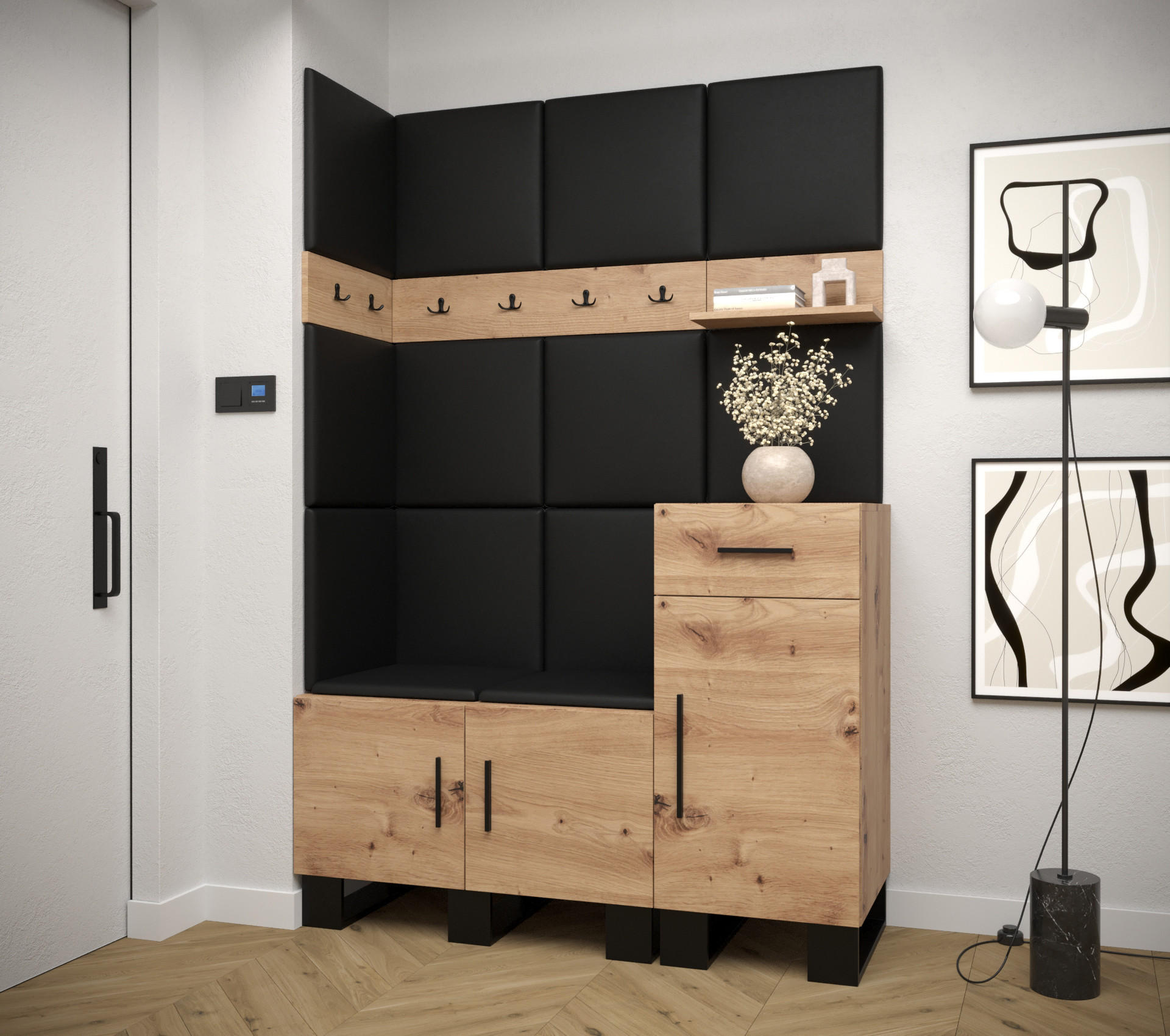 GARDEROBEN-SET 196/126/45,6 - Schwarz/Eiche Artisan, Holz/Kunststoff (126/196/45.6cm) - Abiks Möbel