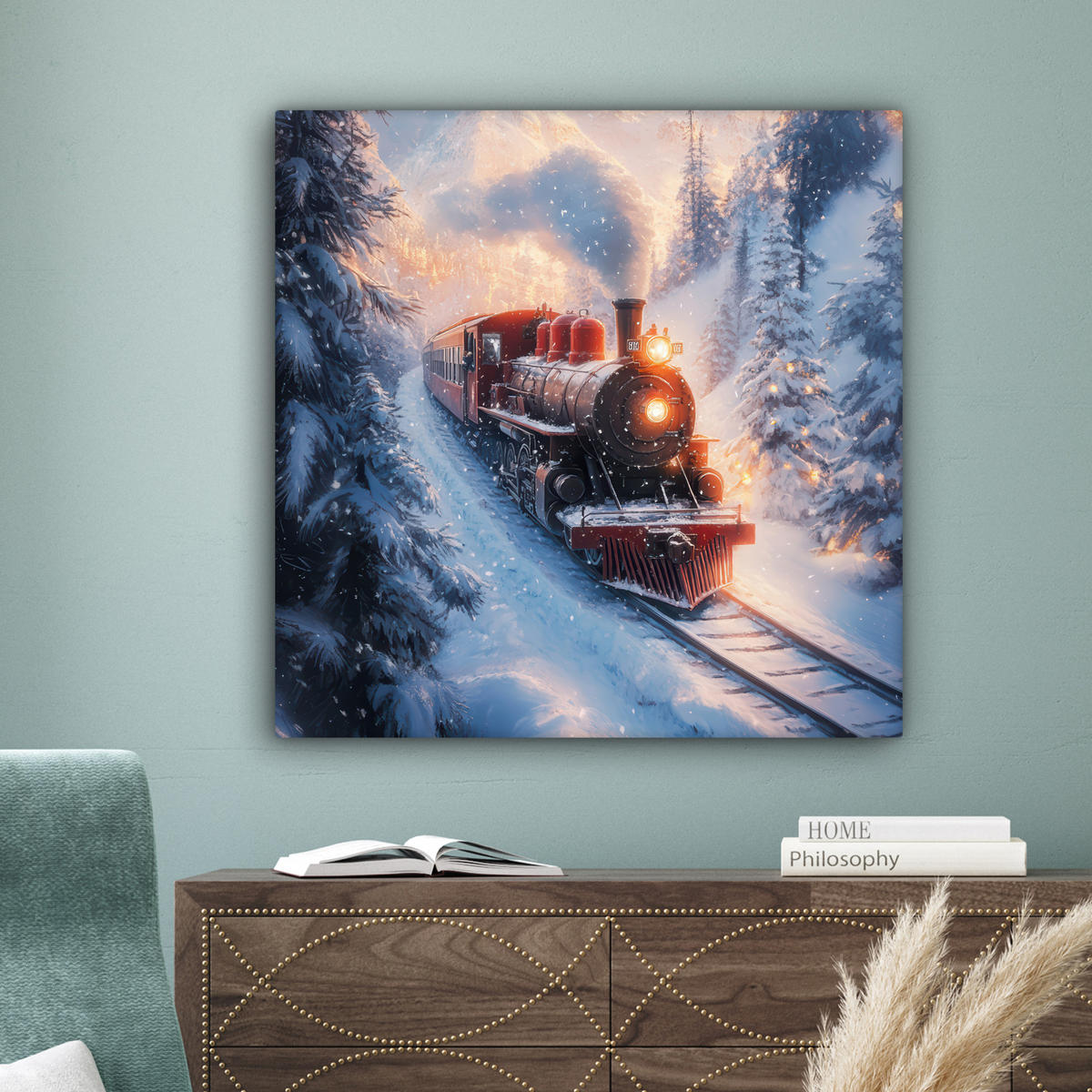 LEINWANDBILD Weihnachtszug - Schnee - Winter - Weihnachten 90x90 cm - Dunkelrot, Textil (90/90cm) - MuchoWow