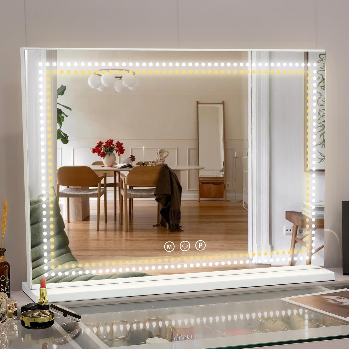 SCHMINKSPIEGEL mit Lichtstreifen LEDs Beleuchtung Glühbirne weiß 80/58 cm - Weiß, Metall (80/58/3cm) - VANITII