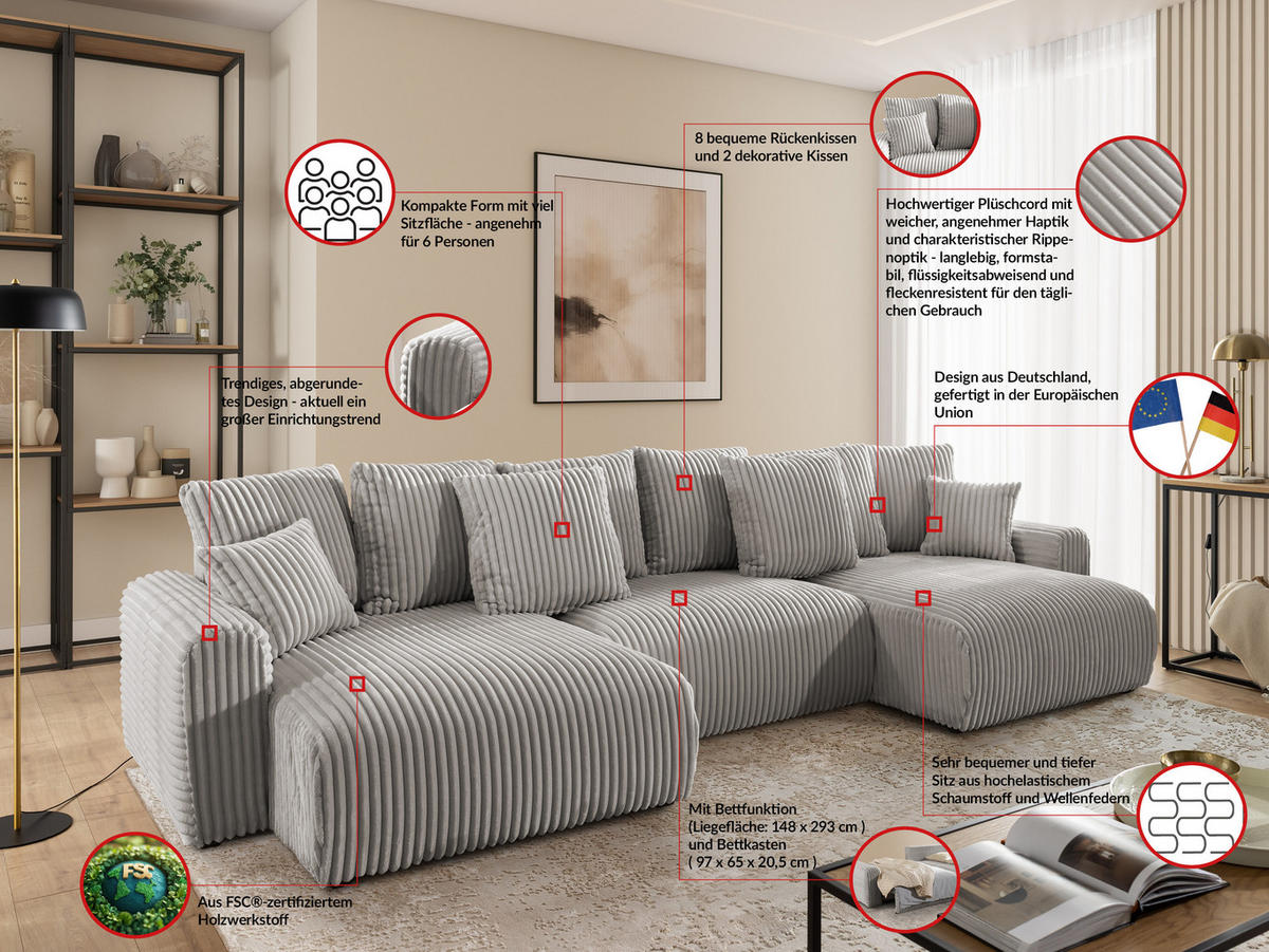 WOHNLANDSCHAFT Calma mit Schlaffunktion und Bettkasten im Bumpy-Design aus weichem Taupe Plüschcord - Taupe/Beige, Holz/Textil (336/88/140cm) - S-Style