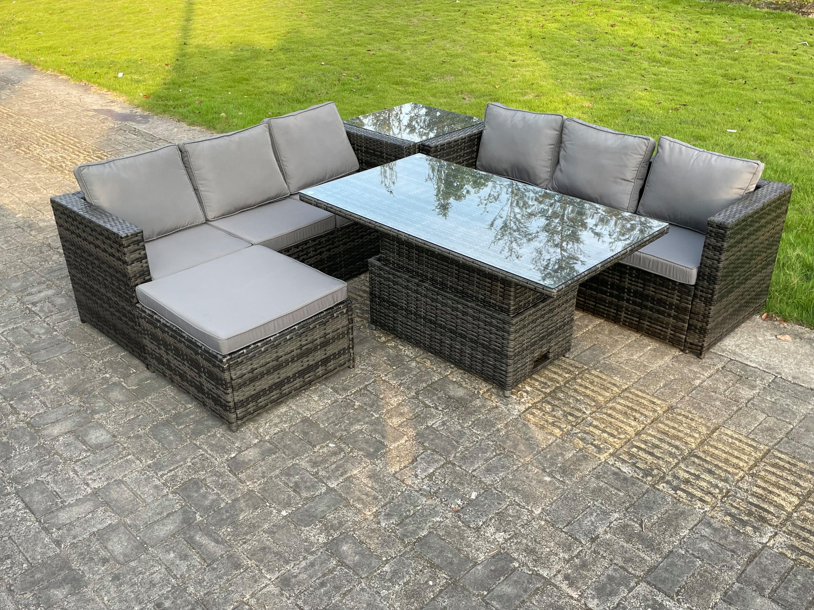 LOUNGESOFA Polyrattan 7-Sitzer - Dunkelgrau/Grau, Glas/Kunststoff - Fimous