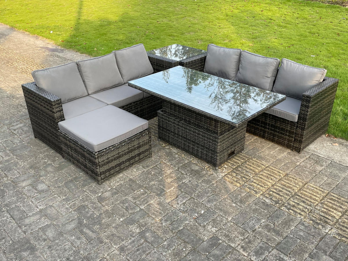 LOUNGESOFA Polyrattan 7-Sitzer - Dunkelgrau/Grau, Glas/Kunststoff - Fimous