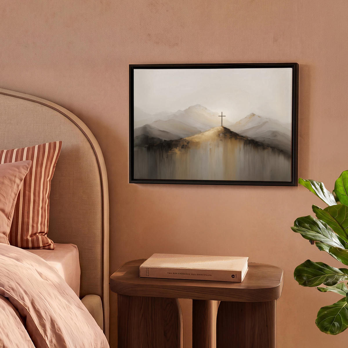 LEINWAND Bilder mit Rahmen - Hügel - Abstrakt - Kreuz - Christentum - 40x30 - Beige, Textil (40/30cm) - MuchoWow