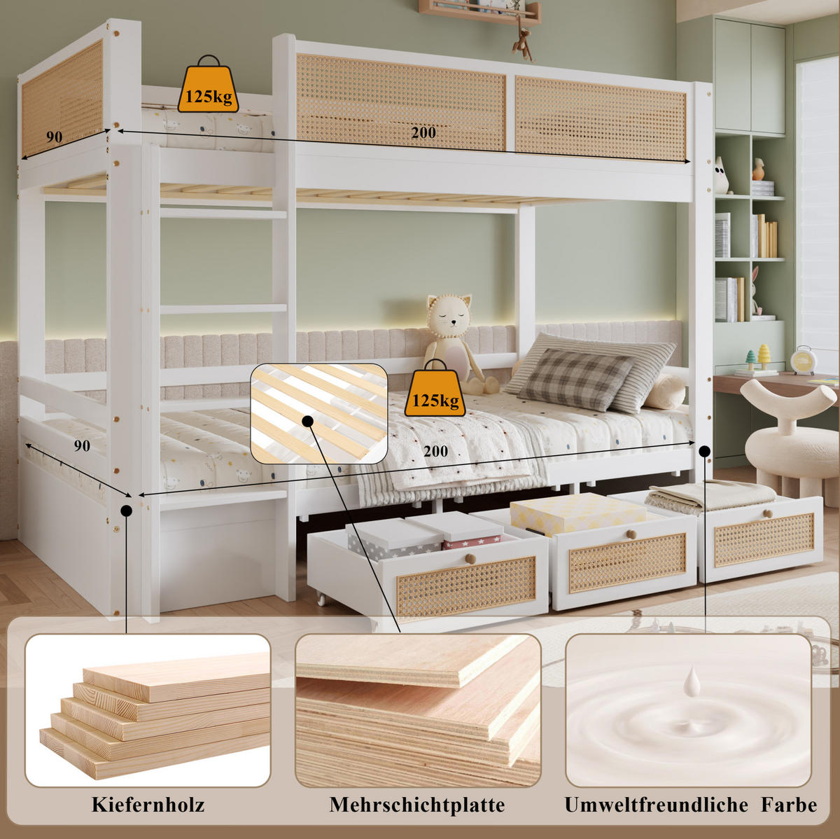 ETAGENBETT 90/200 cm aus Kiefer und MDF mit 3 Schubladen Weiß/Natur - Weiß, Holz (90/200cm) - Modenvie