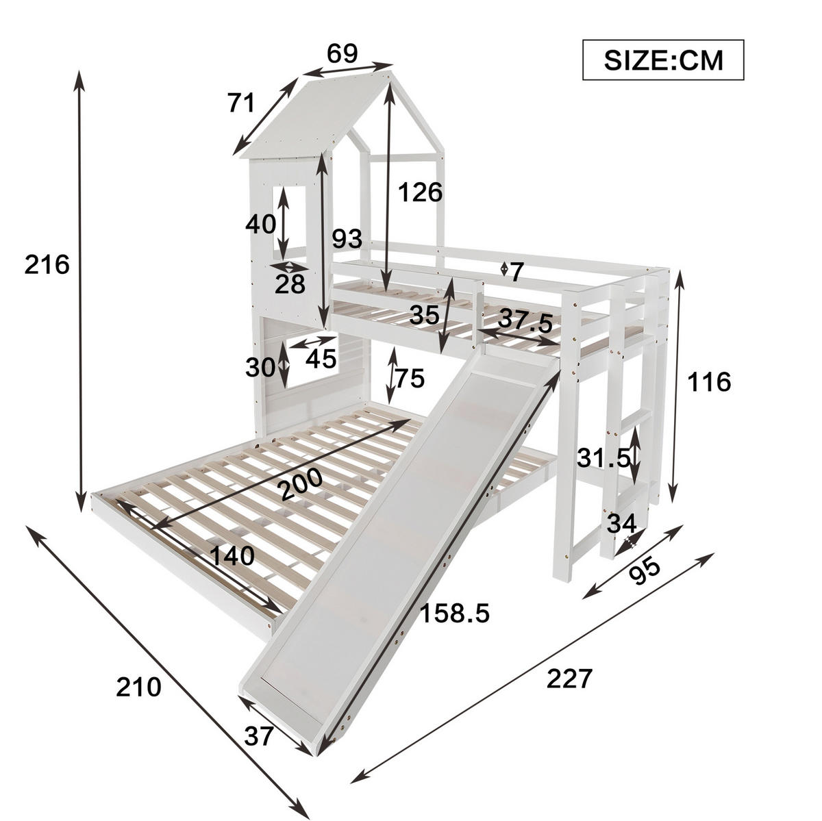 ETAGENBETT 90/200 & 140/200 cm mit Rutsche, Hausdesign und Leiter - Weiß, Holzwerkstoff (90/200cm) - OKMYHOME