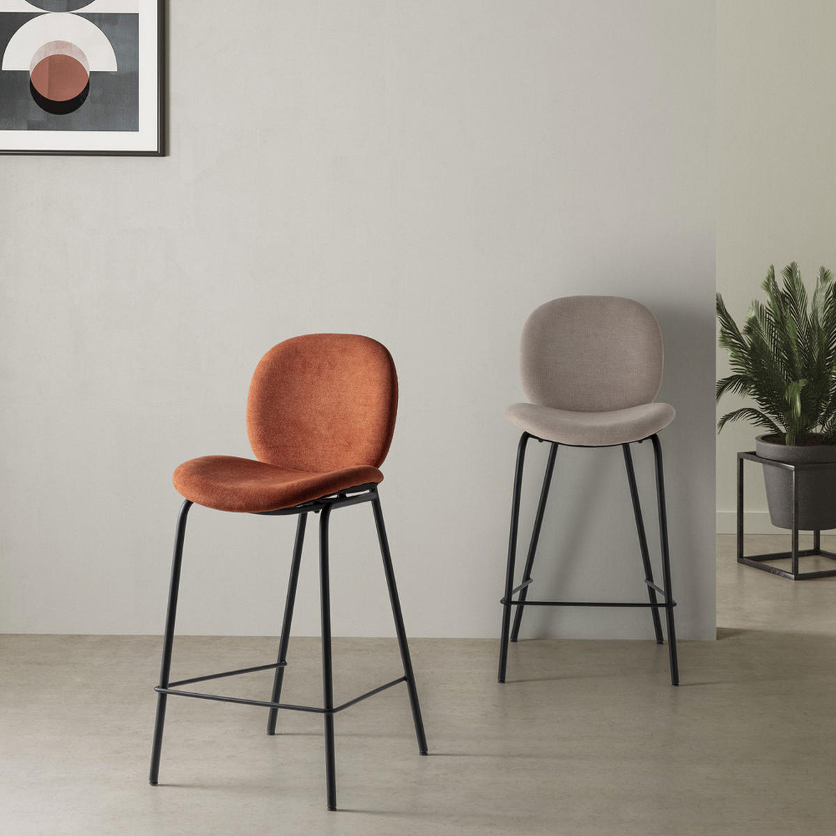 BARHOCKER (Set aus 2) aus Stoff mit schwarzen Metallbeinen - cori 43/54/66 cm - Rot, Textil (54/66/43cm) - Drawer