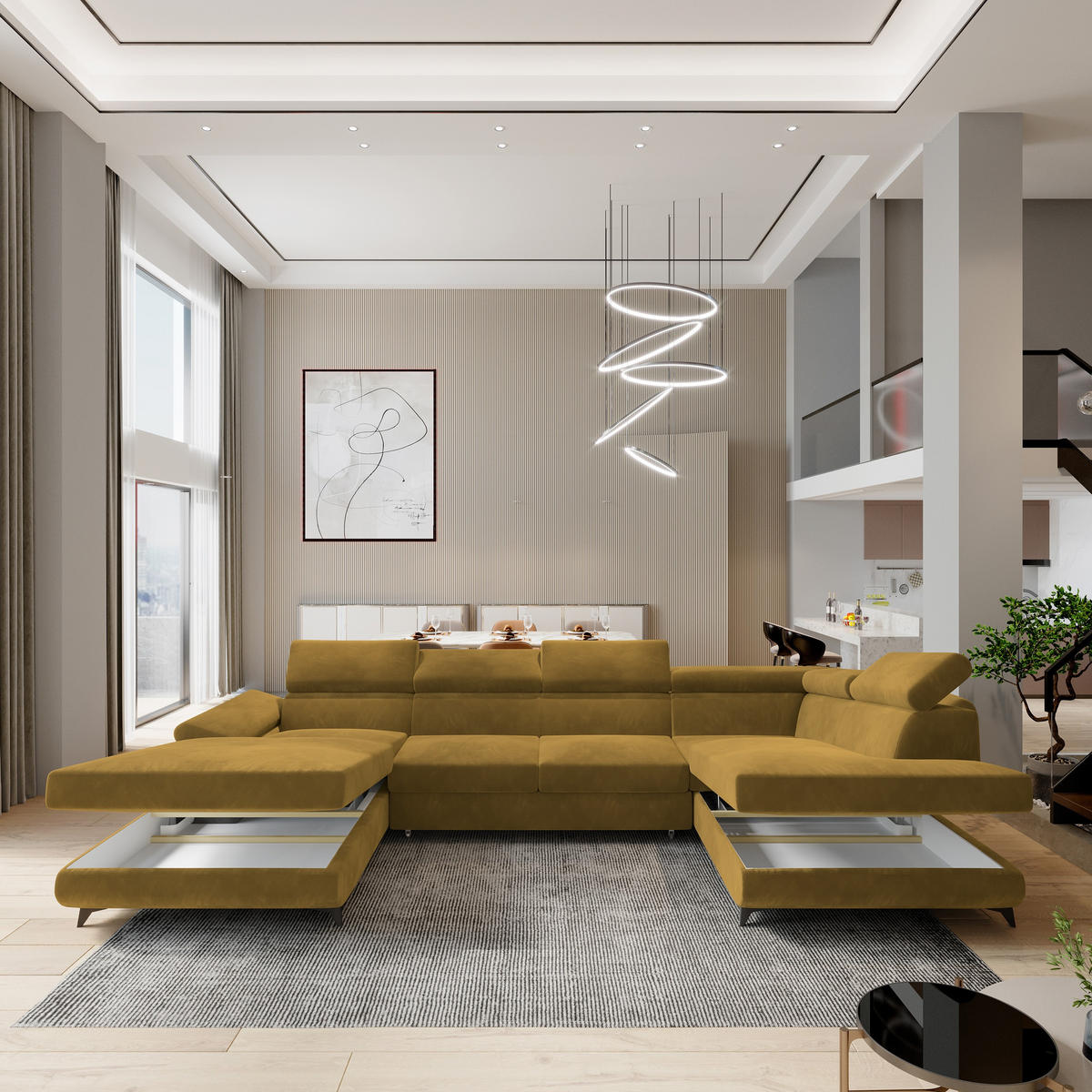 WOHNLANDSCHAFT RUBANO R-S Gelb Velours-Stoff mit Schlaffunktion - Gelb, Holz (339/89/190cm) - MASSENO