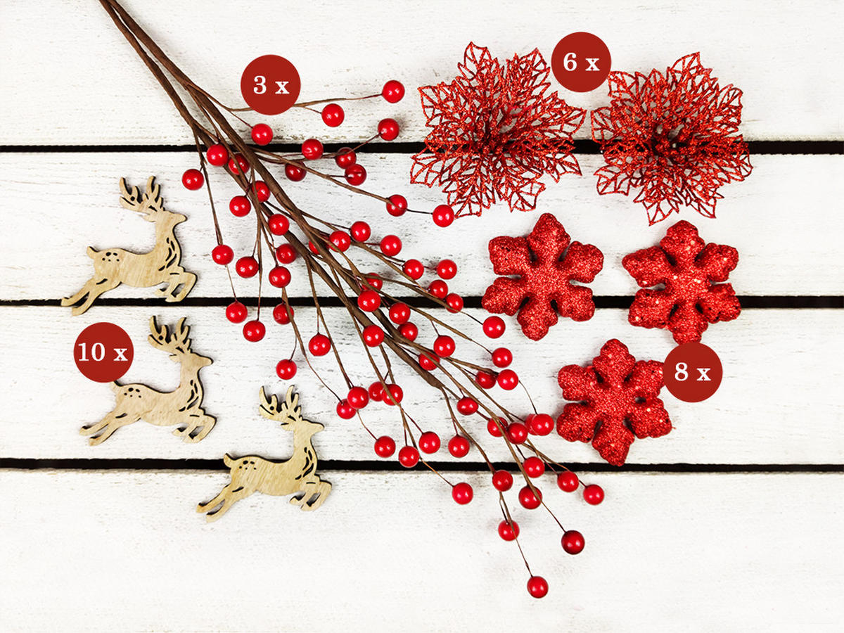 WEIHNACHTSBAUM künstlicher 60 cm mit LED-Beleuchtung, RENTIERKALB, mit 27 Weihnachtsbaumschmuck, Pflanztopf mit Jutesack - Rot/Braun, Kunststoff/Stein (40/60cm) - LAALU