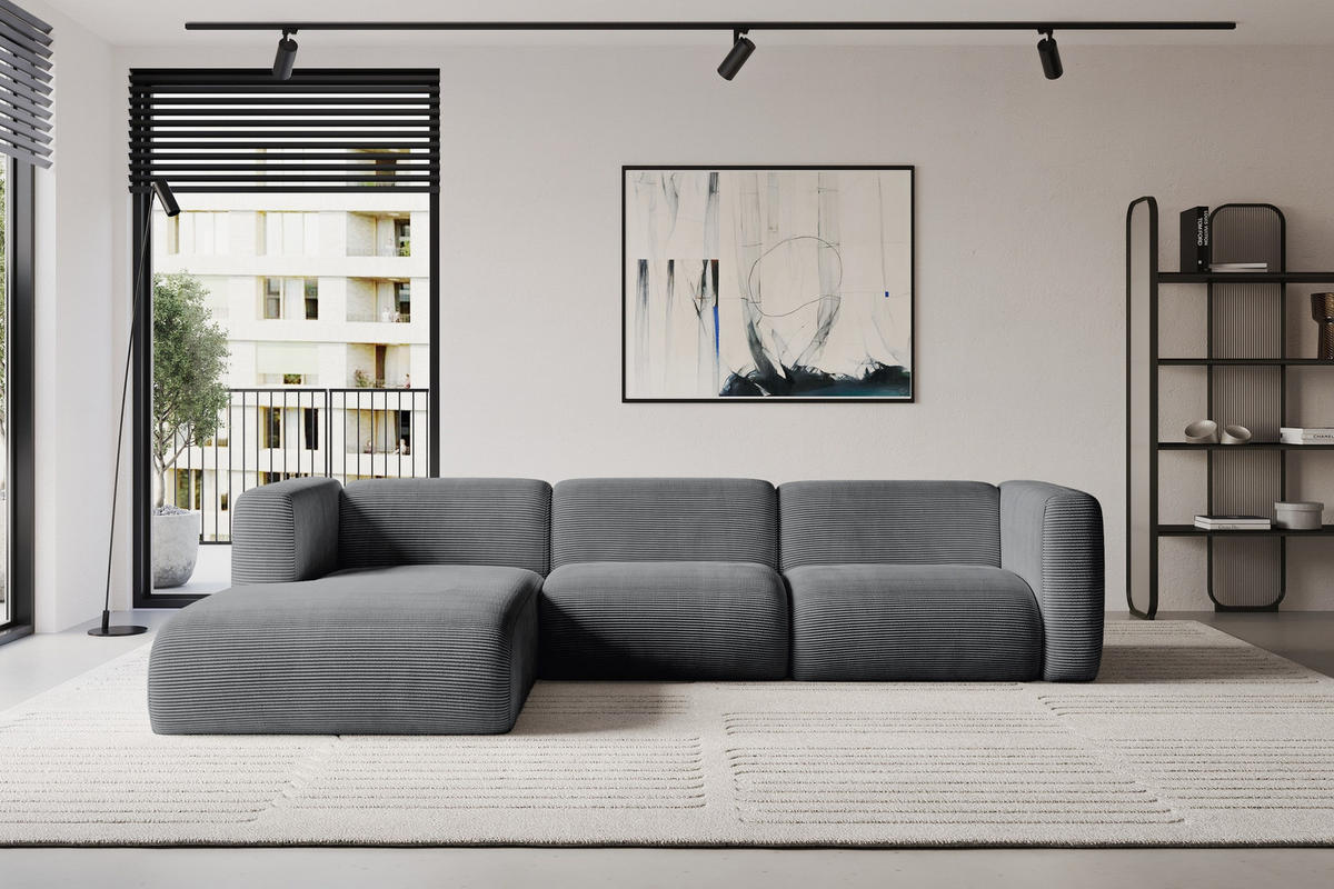 ECKSOFA Ottomane Links MIRA-L2 318x179x89 Dunkelgrau Cord - Dunkelgrau/Schwarz, Holzwerkstoff/Kunststoff (318/179cm) - ALTDECOR
