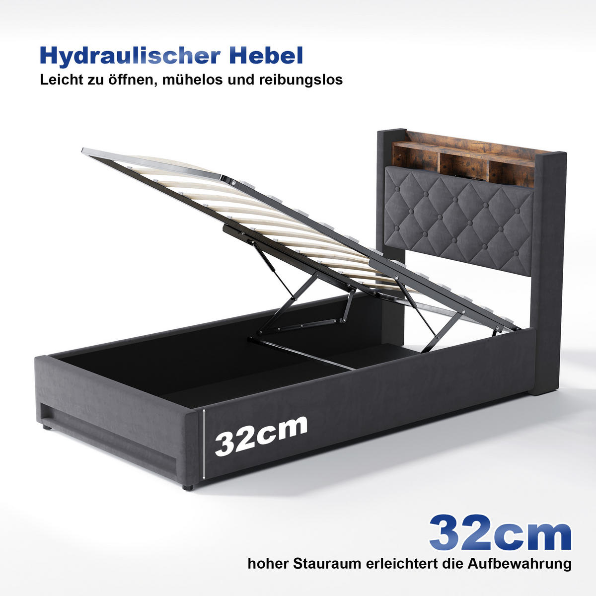 POLSTERBETT 90/190 cm in Grau, Samt, mit USB, LED, Bettkasten, ohne Matratze - Grau, Holzwerkstoff/Textil (90/190cm) - WISHDOR