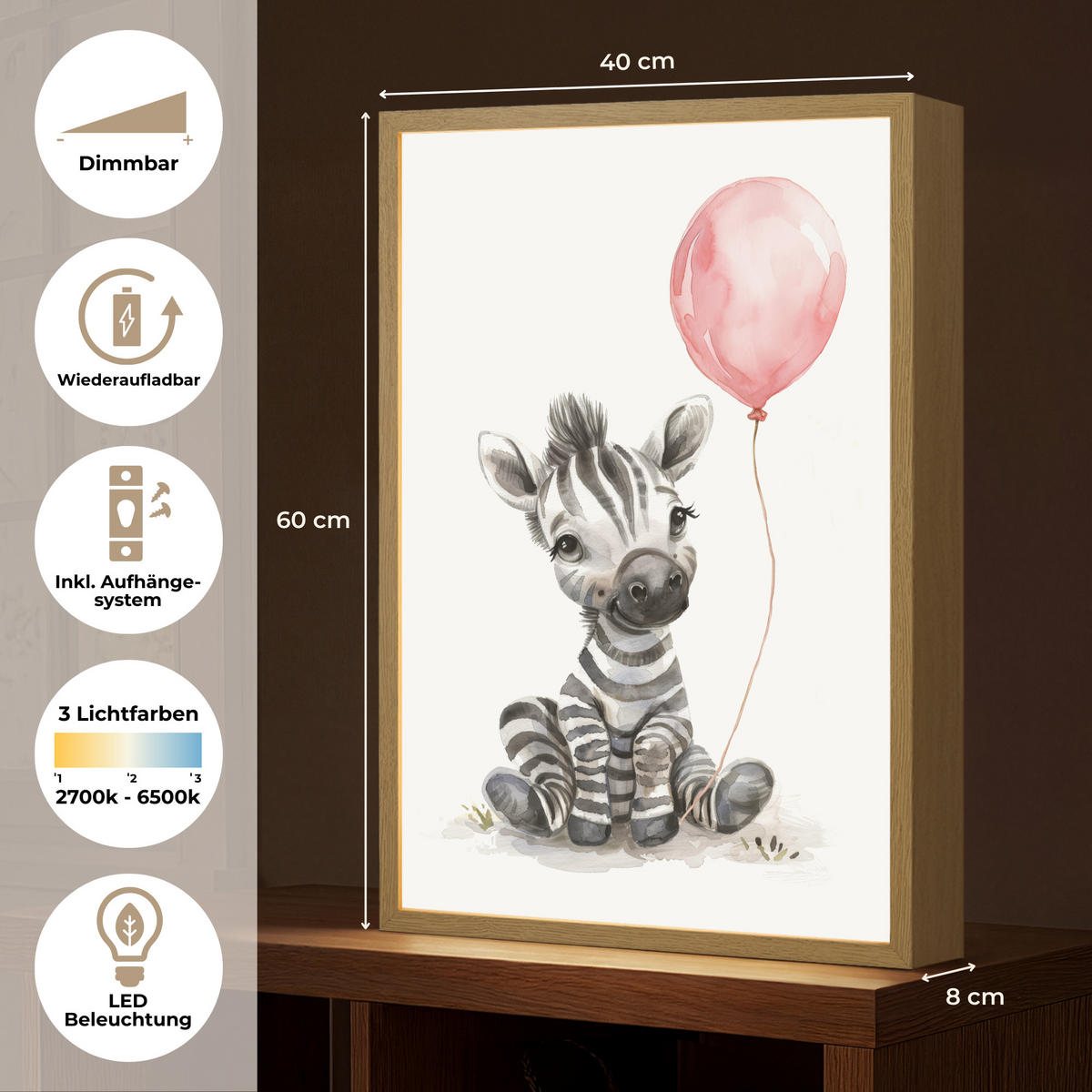 NACHTTISCHLAMPE MIT AKKU Zebra - Baby - Tiere - Rosa Luftballon 40x60 cm - Weiß, Holzwerkstoff (8/40/60cm) - OnlyWow