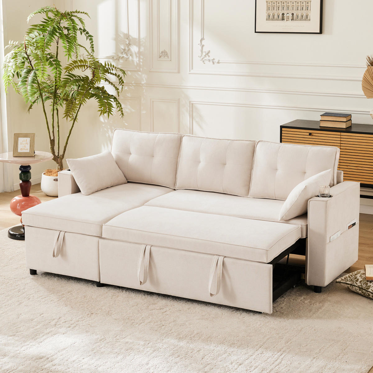 SCHLAFSOFA aus Baumwoll-Leinen 211x130x86 cm Beige mit Stauraum, Getränkehaltern und wechselbarer Chaiselongue - Beige, Textil (211/86/129.5cm) - Modfu