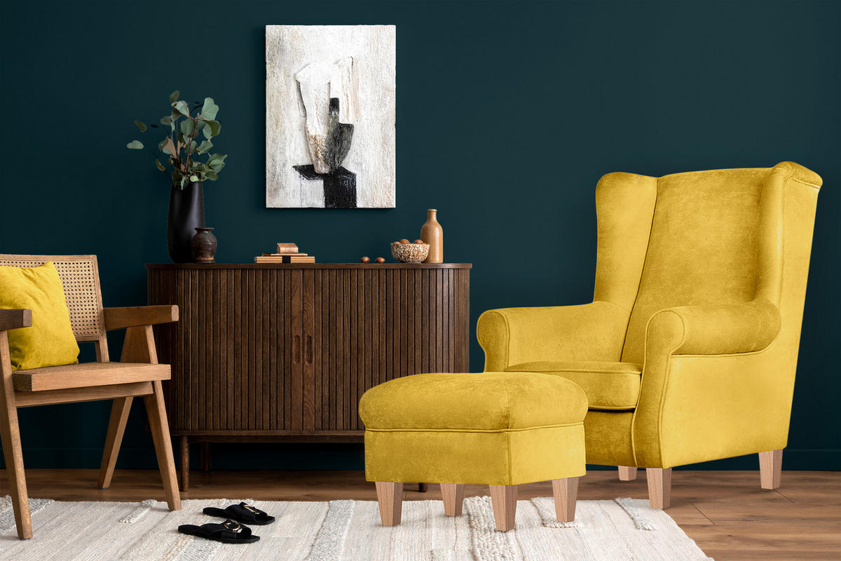SITZHOCKER MILES Pouffe zeitloses Design und pflegeleichter Stoff, gelb - Gelb/Buchefarben, Holzwerkstoff/Buchenholz (55/42/40cm) - KONSIMO®
