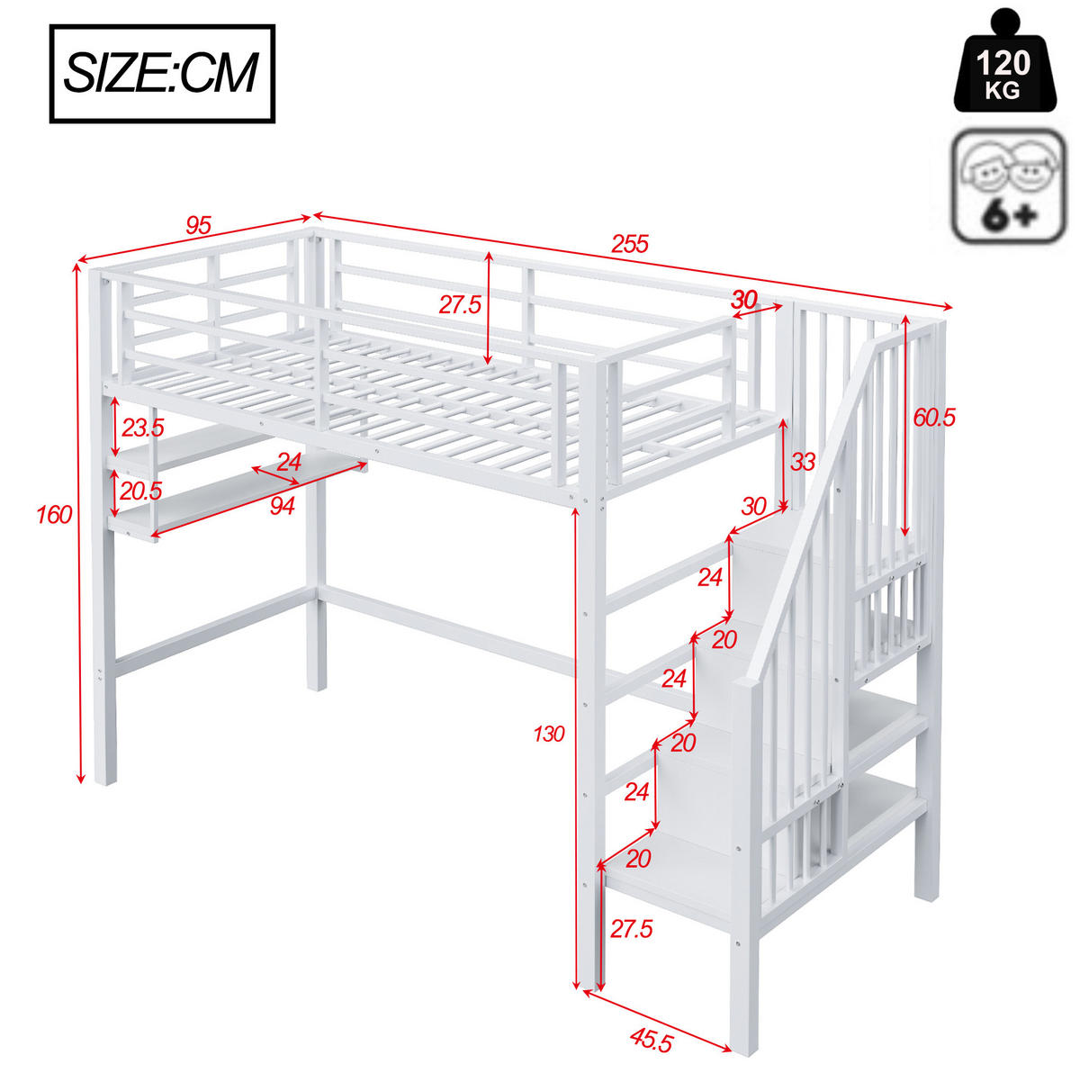 HOCHBETT aus Metall und MDF 90x200 cm Weiß mit Stauraumleiter und Regalen - Weiß, Metall (90/200cm) - IVMEU