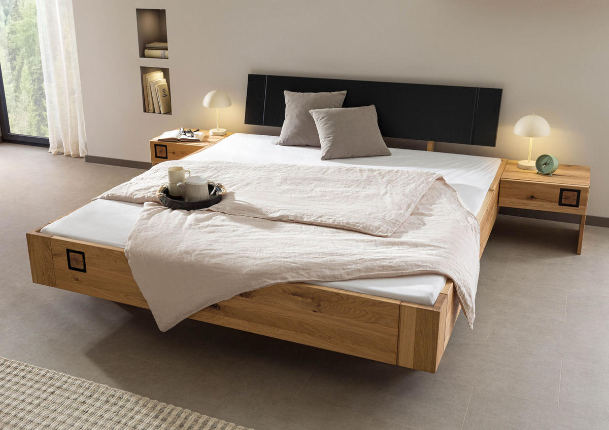 HOLZBETT inkl. Nachttische Wildeiche 200x200x81 natur geölt/lackiert KITZBÜHEL #155 - Braun, Holz (200/200cm) - Massivmoebel24