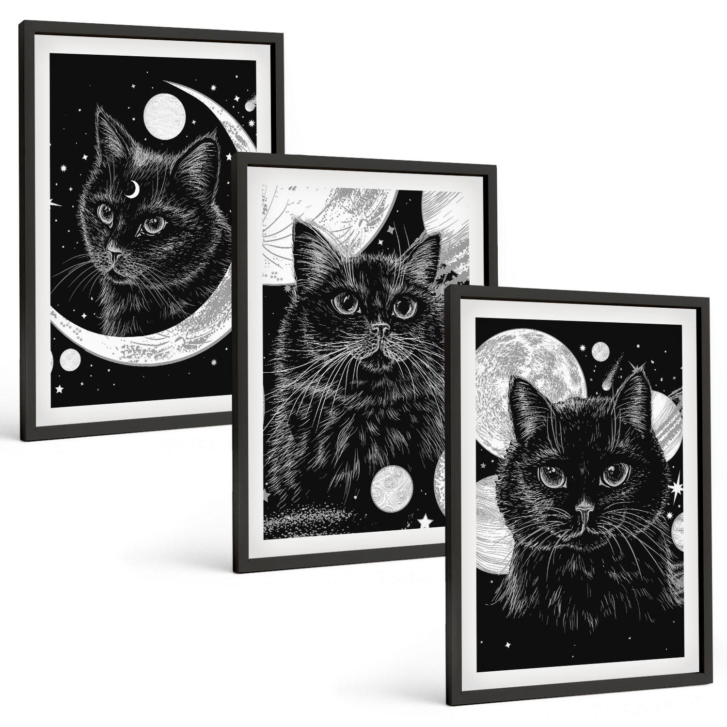 BILDER SET 3er Set - 40x60 cm Schwarzer Rahmen - Schwarze Katzen, Mond, Weltraum - Schwarz, Kunststoff (40/60cm) - TULUP