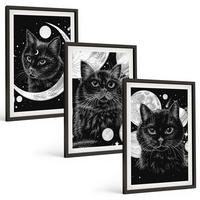 BILDER SET 3er Set - 40x60 cm Schwarzer Rahmen - Schwarze Katzen, Mond, Weltraum - Schwarz, Kunststoff (40/60cm) - TULUP