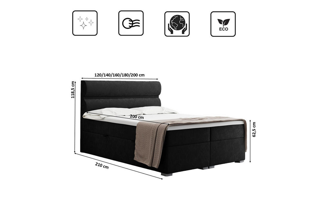 BOXBETT Mit Bettkasten, Matratze Und Topper VERA Stoff Riviera 120x200 cm Schwarz H3-Bonell - Schwarz, Holz/Textil (120/200cm) - Kaiser Möbel
