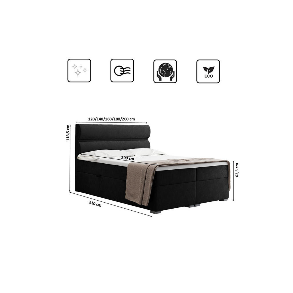 Thumbnail - Kaiser Möbel Boxbett, Schwarz, Textil, H3, Höhe ca. 20 cm, einzeln stellbar,Rechteckig, eckig, 140x200 cm, Reach, Schlaf...