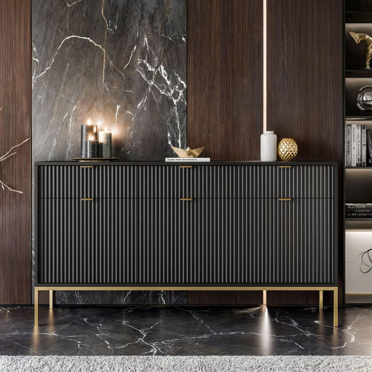 SIDEBOARDS CORTADO GOLD KSZ154 MIT SCHUBLADEN 154 CM SCHWARZ - Schwarz, Holzwerkstoff (154/83/39cm) - Lookway