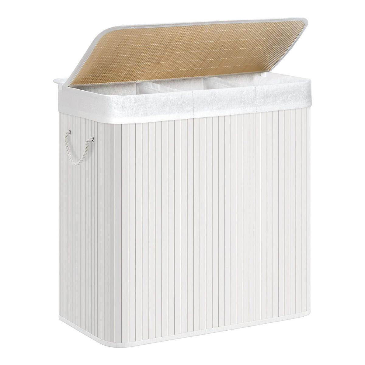 WÄSCHEKORB 3 Fächer mit abnehmbaren Beuteln Bambus und Weiß - Weiß, Holz (42.5/61.5/60cm) - Calicosy