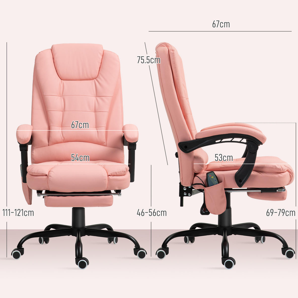 BÜROSTUHL mit Massagefunktion höhenverstellbar Pink - Pink, Metall (67/121/67cm) - Meubliv