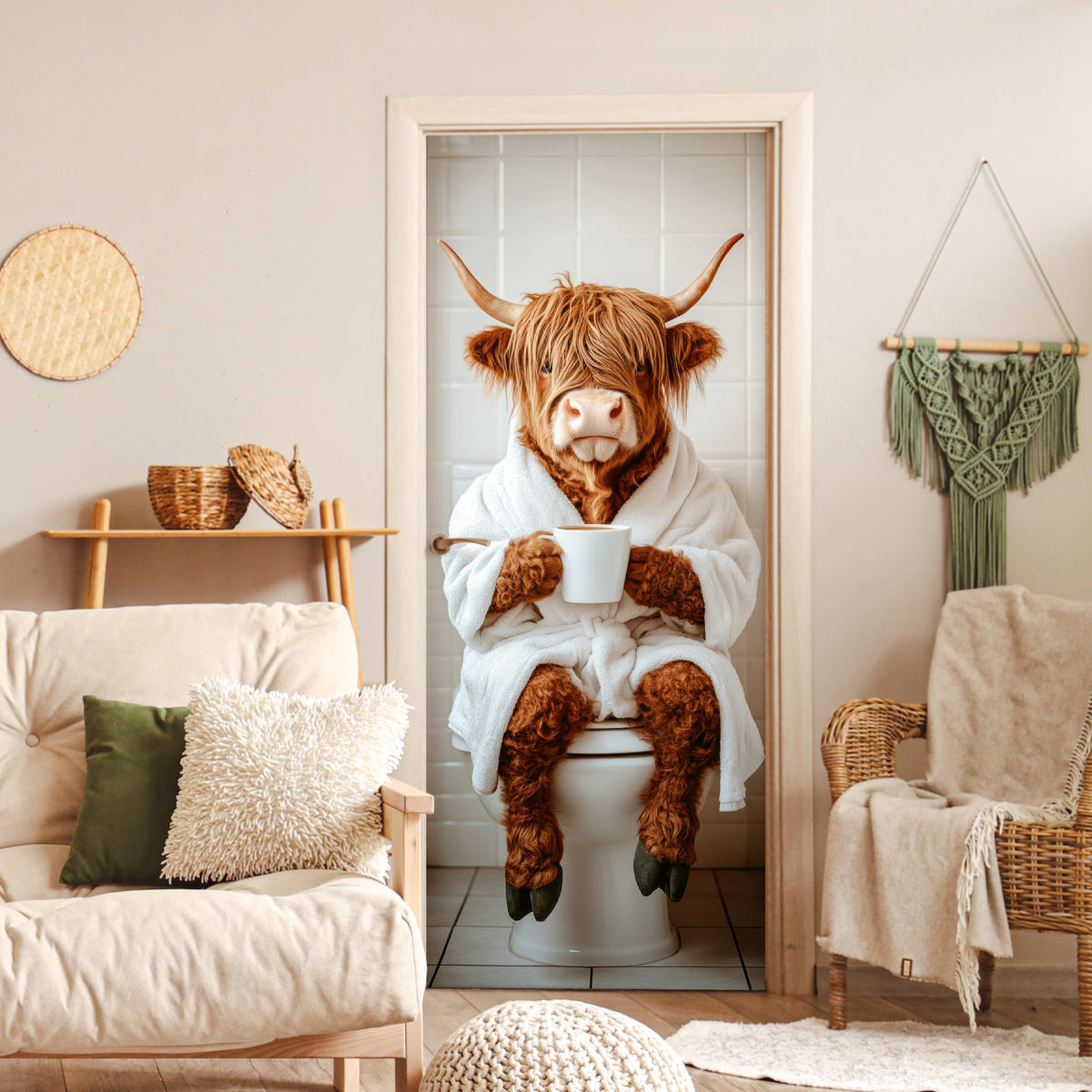 FOTOTAPETE Tür - Schottisches Hochlandrind - WC - Bademantel - Modern - Tiere 90x205 cm - Kastanienfarben, Kunststoff (90/0.1cm) - MuchoWow