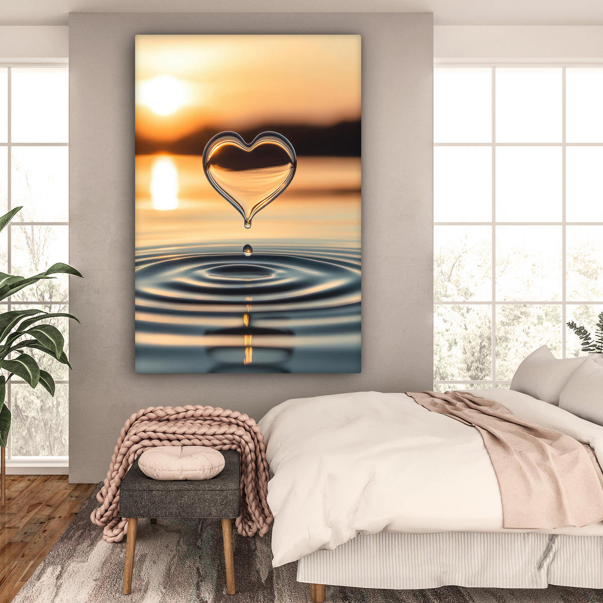 LEINWANDBILD Herz - Wasser - Sonnenuntergang - Natur - Zen Deko Groß 90x140 cm - Bernsteinfarben, Textil (90/140cm) - MuchoWow