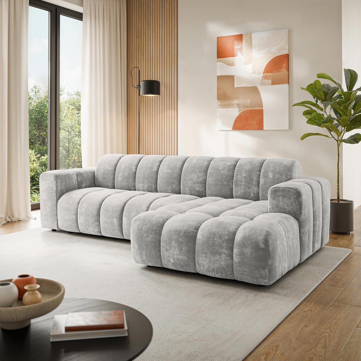 ROHOVÁ Sedačka SETIA LUMO 65, Světle šedá - černá/světle šedá, dřevo/textil (304/165cm) - MASSENO